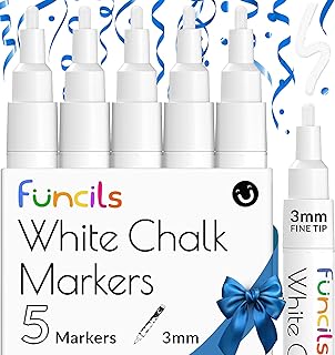 Funcils White Chalk Pens Fine Tip (5 Pack 3mm) - Chalkboard Pens, Liquid Chalk Pens Wipeable - Chalk Pens for Blackboards, Chalk Board Pen, Glass, Window Pens - White Chalk Markers, White Chalk Pen
