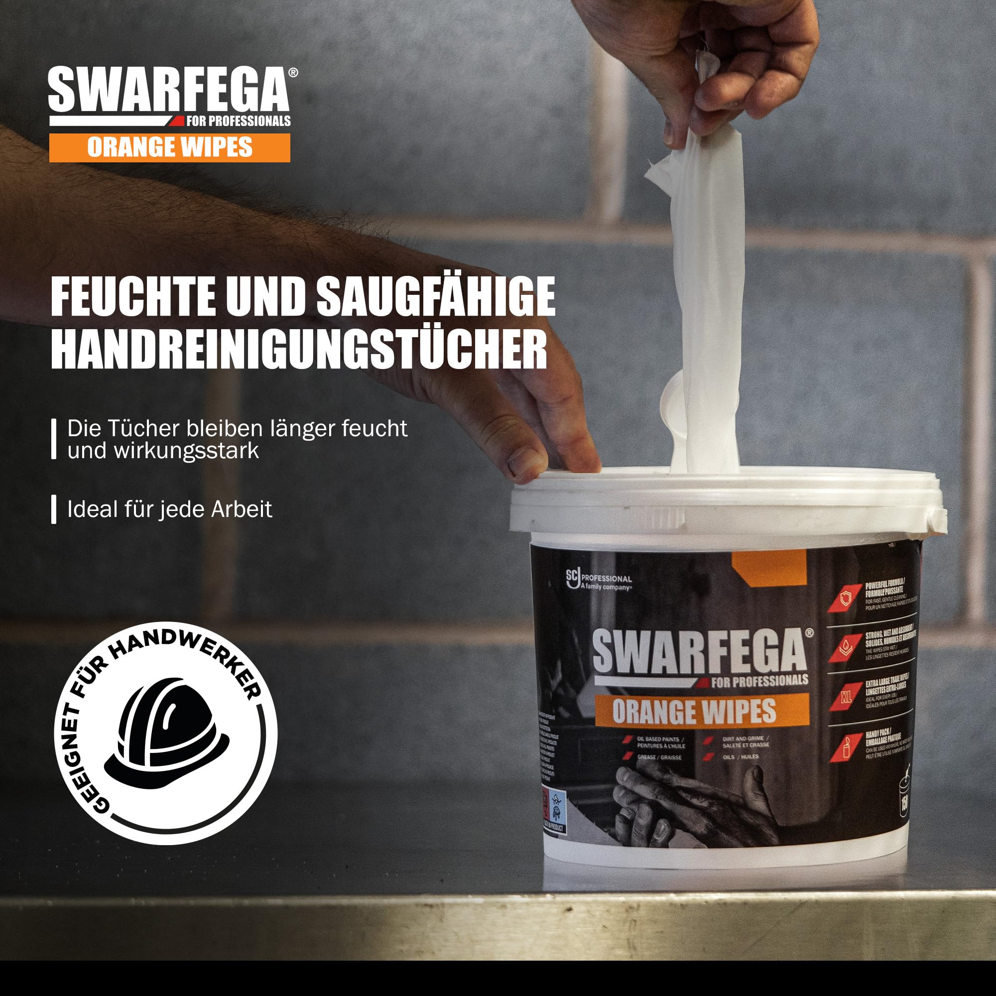 Swarfega Orange Handreinigungstücher – Entfernen Fett, Öl & Schmutz – Feuchte Reinigungstücher mit Hautpflegemitteln – 150 Tücher – Für gewerbliche Anwendung