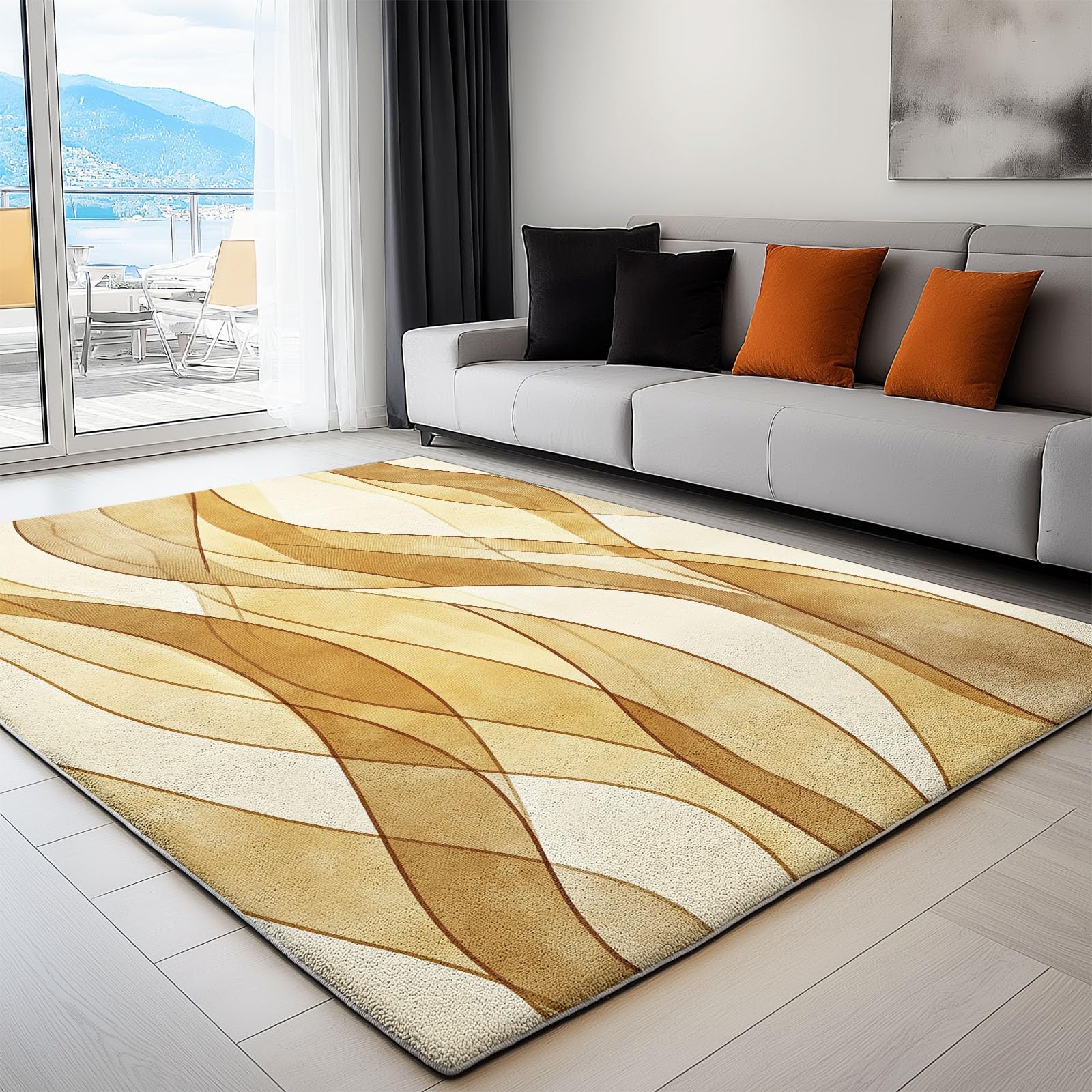 Générique Vagues Dorées Tapis de Chambre, 140 x 200 cm Poil Court Fin Doux Léger Résistant, Tapis Facile à Entretenir Design Vieilli pour Chambre à Coucher Salon entrée décoration d'intérieur
