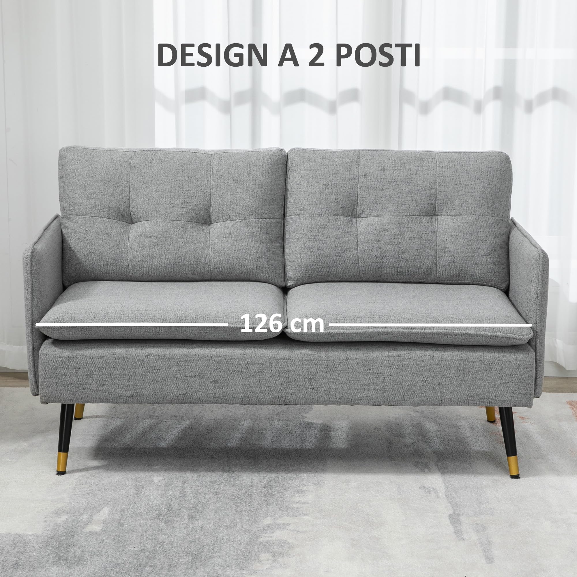 HOMCOM Divano 2 Posti in Tessuto Effetto Lino con Braccioli e Cuscini Imbottiti, Divanetto 2 Posti Moderno con Gambe in Acciaio, per Ufficio, Soggiorno, Salotto e Camera da Letto, 139x68x80 cm, Grigio