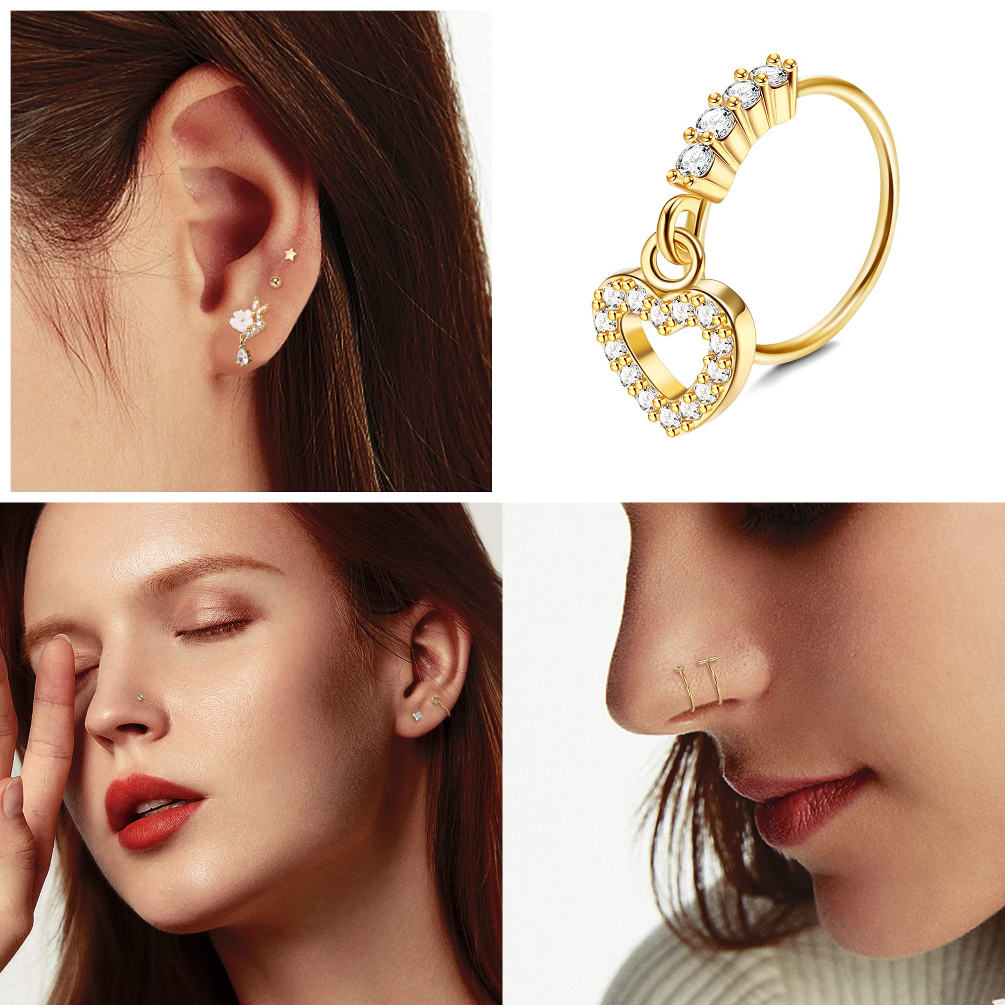 ZXLIHS 20 szt. 20G zwisają kolczyki w nosie dla kobiet-motyl, serce, księżyc, kwiat, krzyż CZ obręcze-kolczyk na chrząstkę Piercing biżuteria