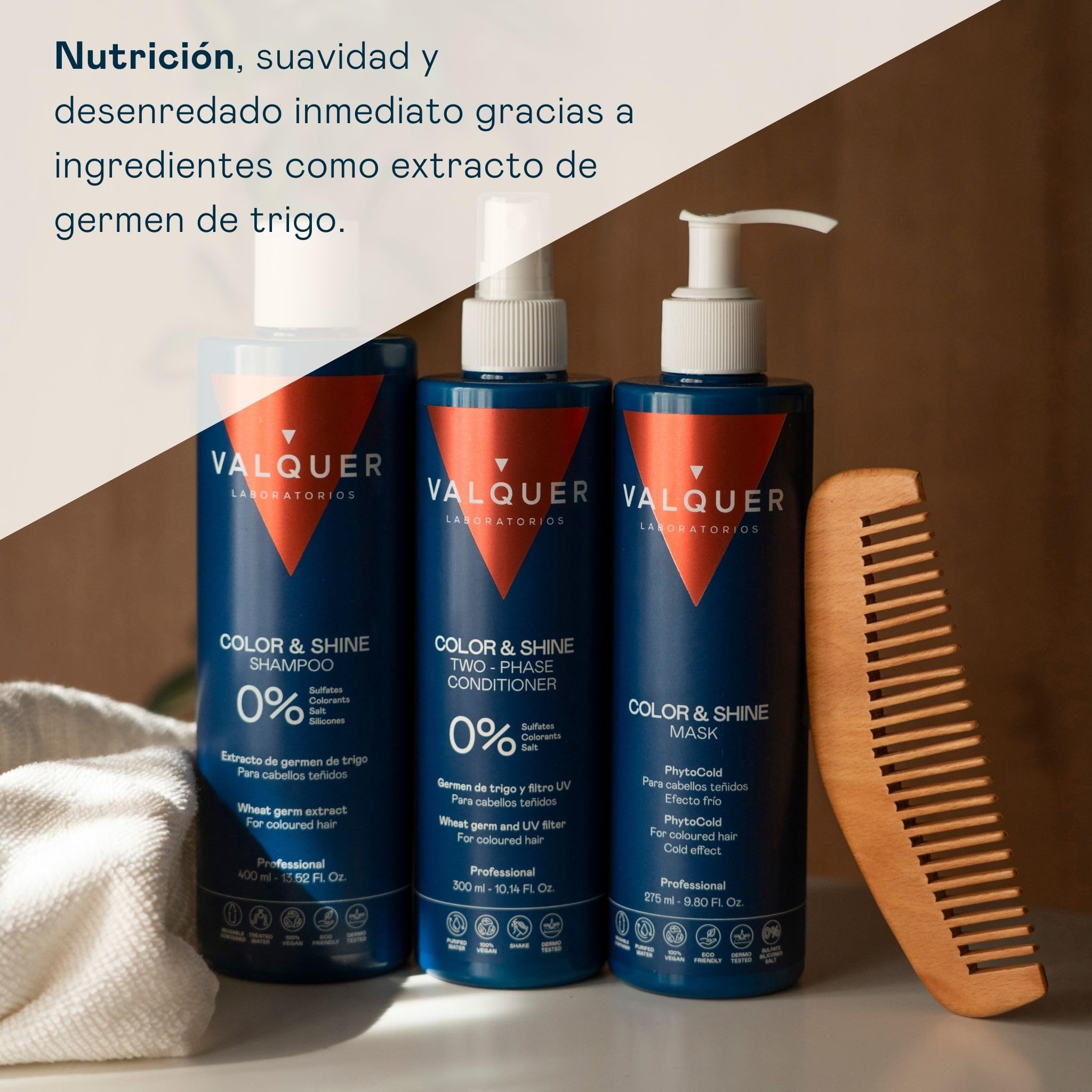 Valquer Pack Potenciador Color y Brillo para Cabello Teñido | 875 ml | Champú 400 ml, Mascarilla 275 ml y Acondicionador Bifásico 300 ml | Fórmula Zero con Extracto de Germen de Trigo | Vegano