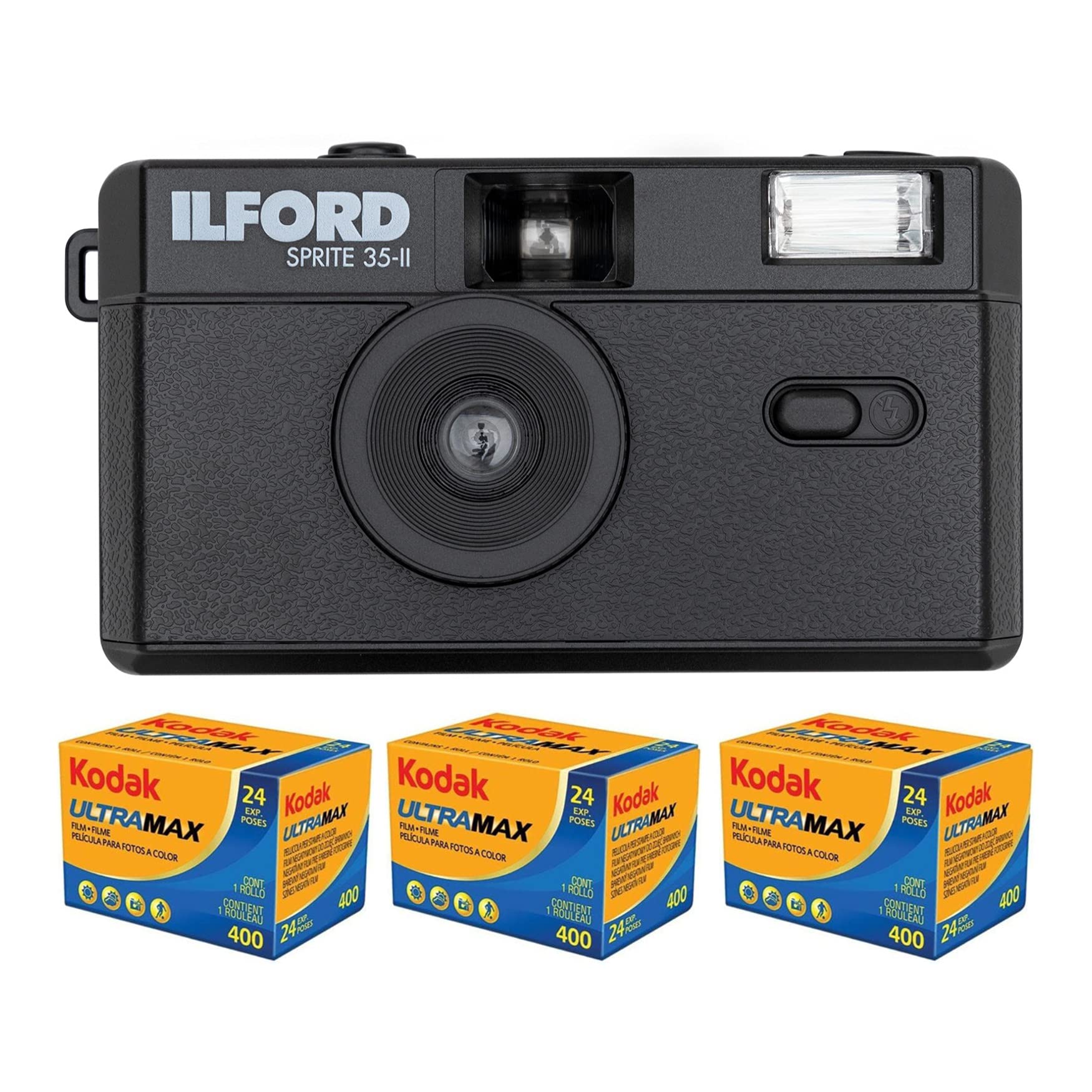 Ilford Sprite 35-II Reusable 35mm Film Camera (Black) with 3-Pack Kodak UltraMax 400 Film Analog Fil