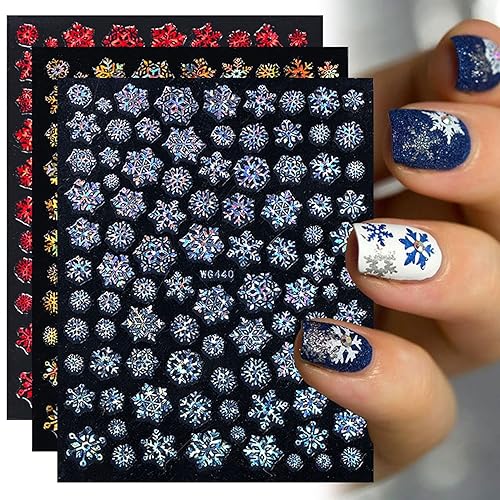 8 hojas de calcomanías de arte de uñas de copos de nieve decoraciones de uñas de Navidad 3D suministros de uñas holográficos de invierno dorado