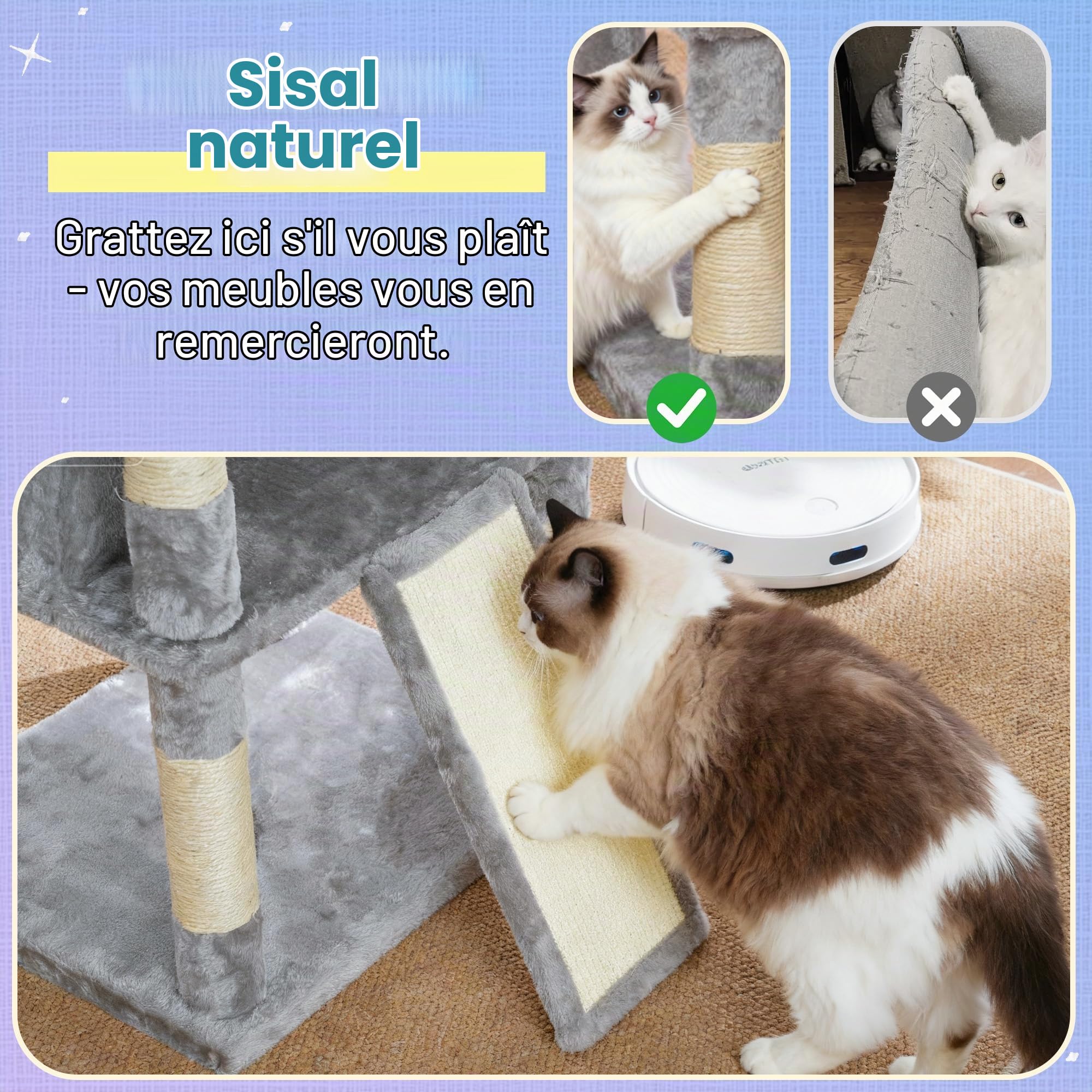Hey-brother Arbre à Chat Stable 182 cm pour Grands Chats Adultes, MPJ080W | Grand Tour de jeu chat avec 2 grandes plateformes, 3 hamacs, grotte, griffoir sisal 2-en-1, balle peluche, Gris Clair