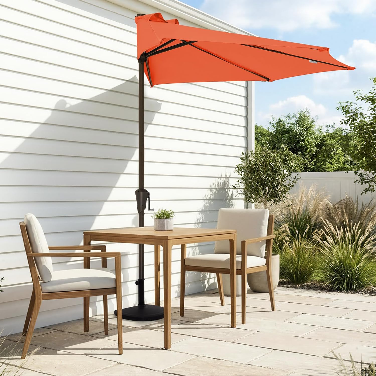 jearey 9ft half umbrella outdoor patio umbrella market umbrellas with crank, 1/2 round wall umbrella 5 sturdy ribs uv protection for pool garden balcony deck, orange 9' half orange