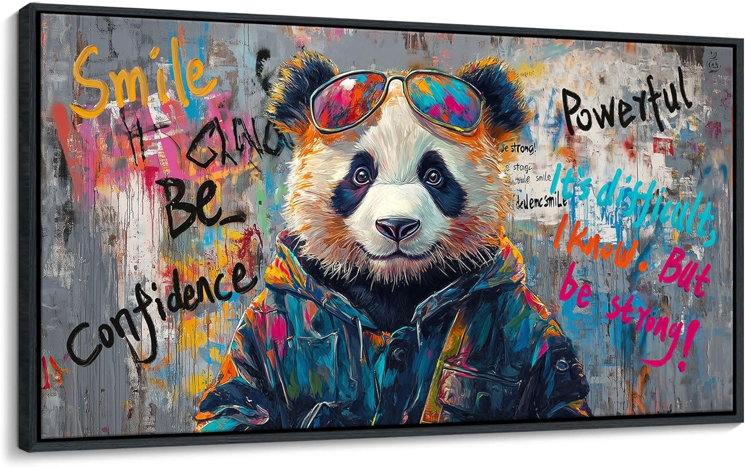JEAWA Large Framed Canvas Wall Art, Black and White Panda Graffiti Street Art Pop Abstract Modern Paintings for Living Room Bedroom Study Office Inspirational Picture Home Decor 24×48 IN