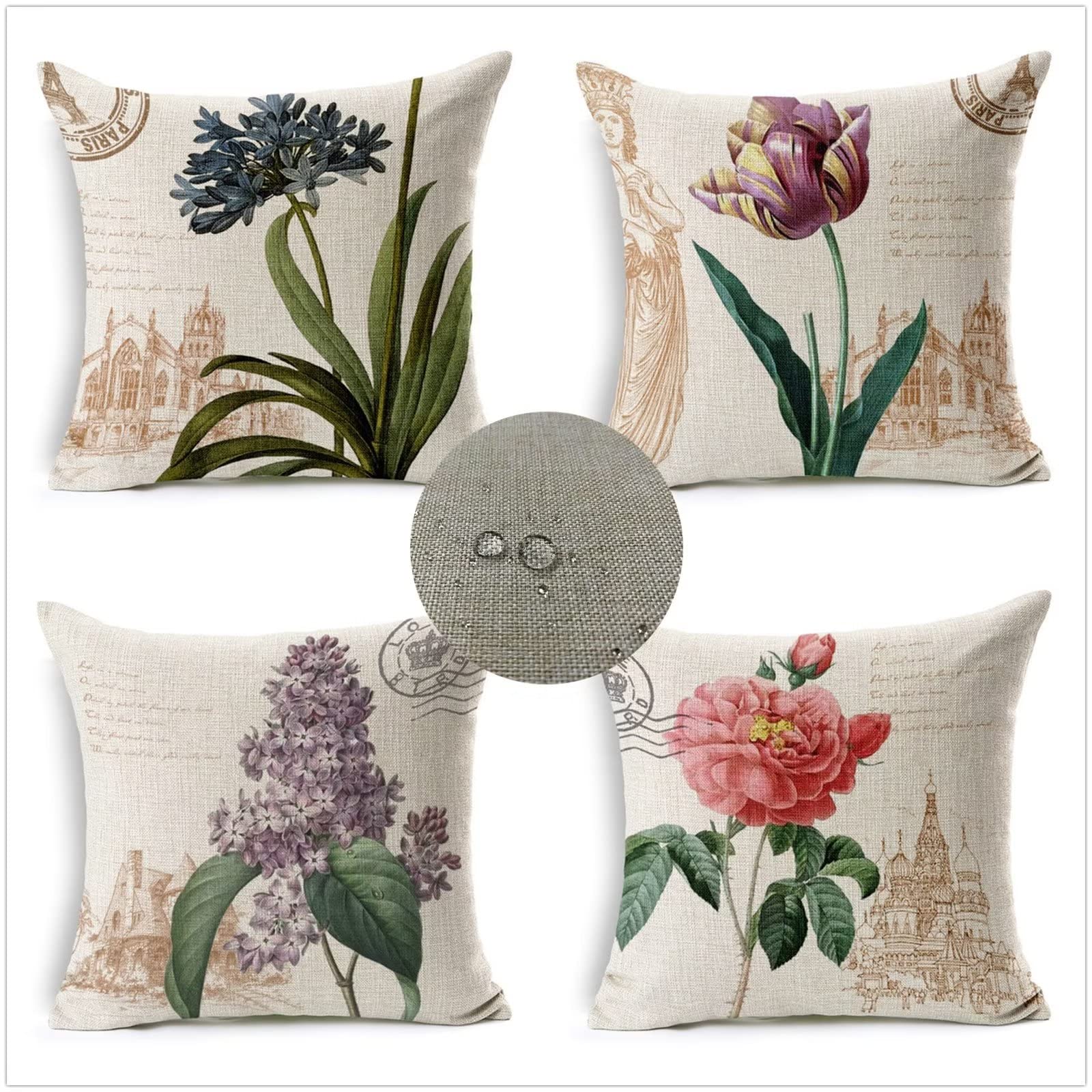 Federe Cuscini Divano 50x50 Set di 4 Cuscini per Divano impermeabile Lino Esterno Cuscini Decorativi Fiore Motivo Cuscini Divano Soggiorno da Letto Estate giardino esterno Copricuscino (Viola) JW-8934