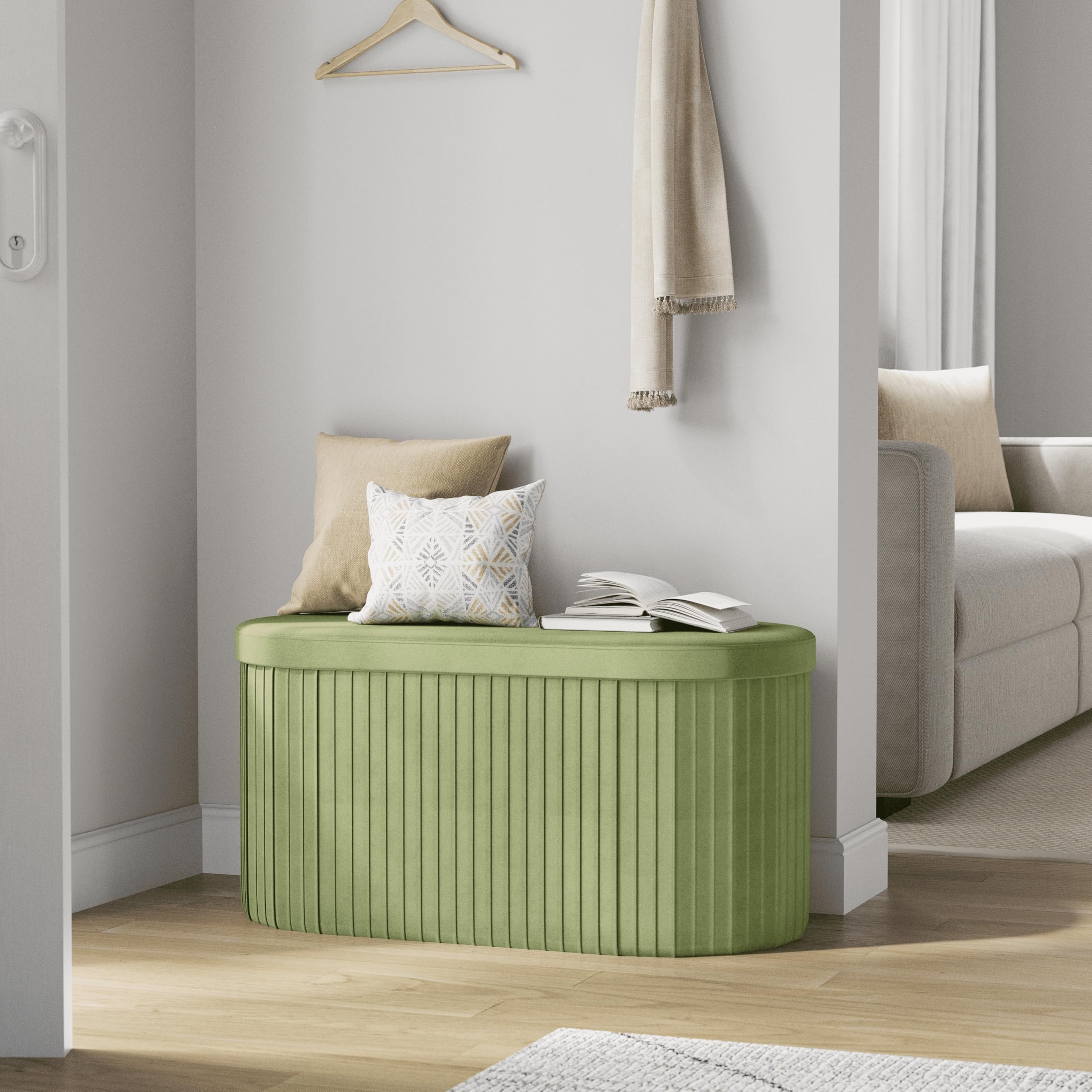 WOLTU Baul Almacenamiento Dormitorio, Baúl Puff Plegable, Banco Almacenaje de 76L, Banqueta Otomano Salon, Reposapiés Sofá, 76x38x38 cm, Verde