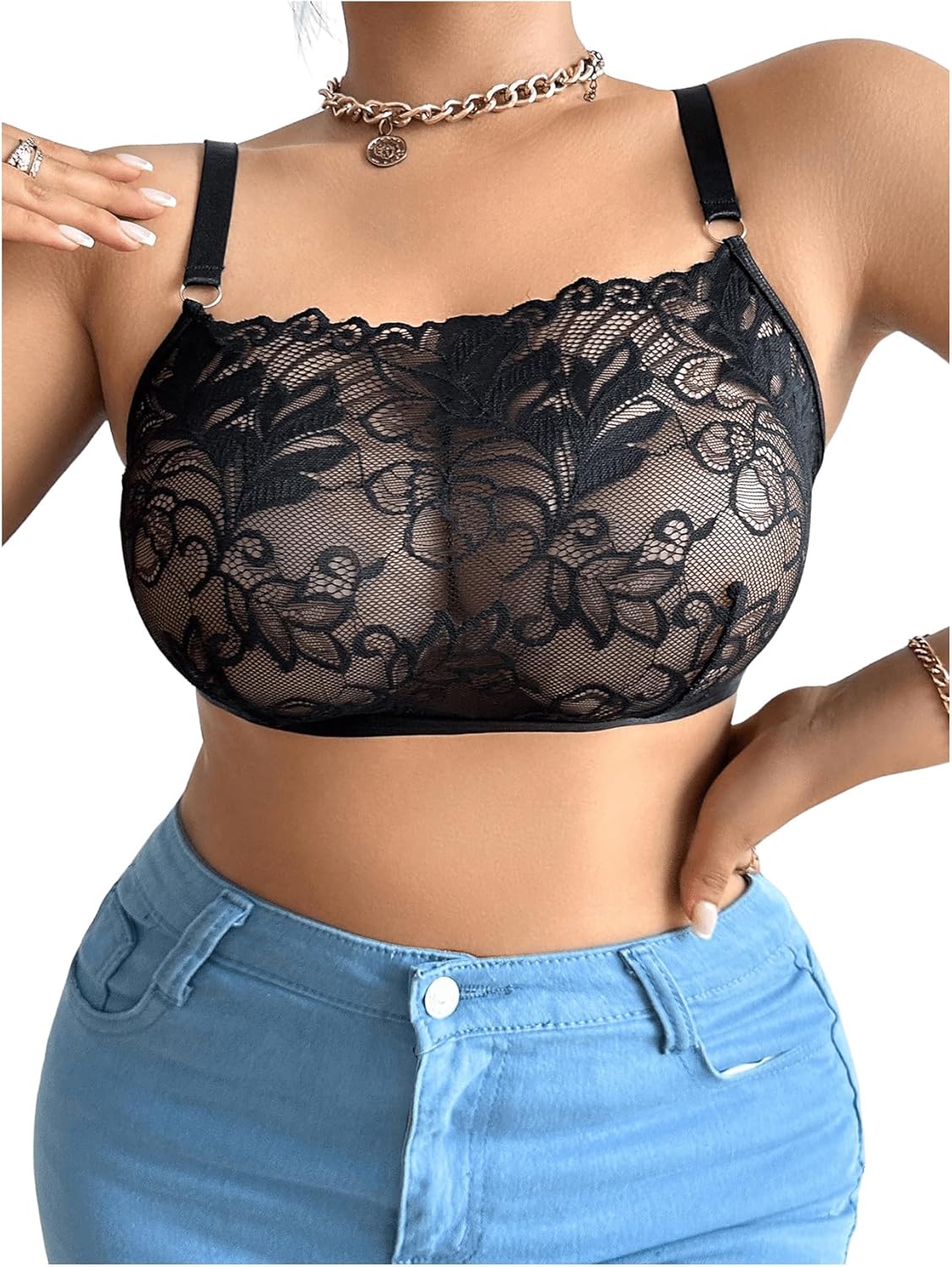 WDIRARA Women's Plus Size Floral Lace Bra Sheer Mesh Wireless Bralette