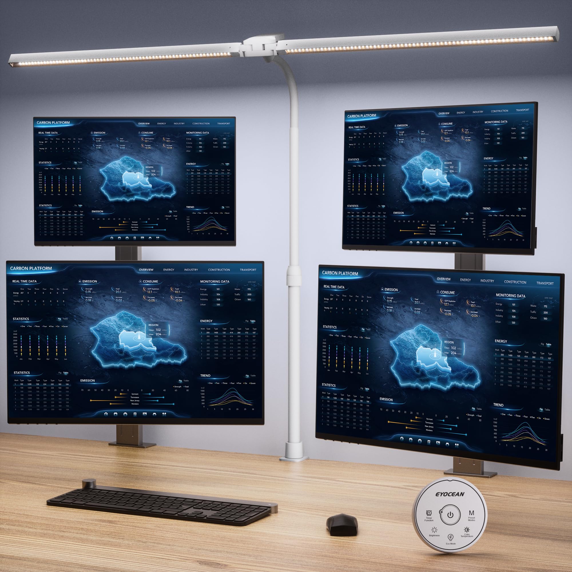 EYOCEAN Schreibtischlampe, Doppelkopf Schreibtischlampe, Teleskopstange mit Einstellbarer Höhe, 30W 120cm Tageslichtlampe Schreibtisch mit Fernbedienung, Dimmbare Monitor Lampe, Büro Tischlampe