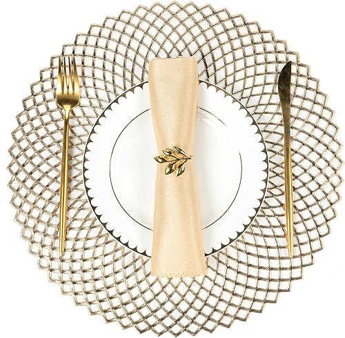 Juego de 6 manteles individuales redondos dorados metálicos, manteles individuales de vinilo, lavables, lavables, huecos, para mesas de cocina,