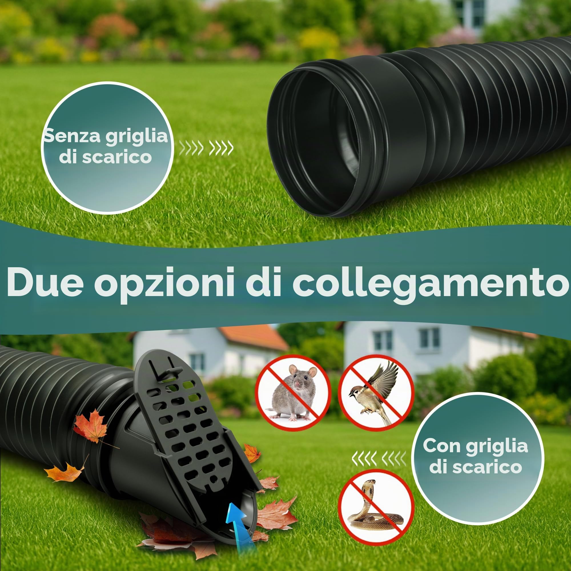 Prolunga Flessibile per Grondaia, 80/100 mm Prolunga Rotonda per Tubo di Scarico con Griglia di Drenaggio, Estensione da 47 a 150 cm, Accessori per Tubo Pluviale (Nero, 1 Pezzo)