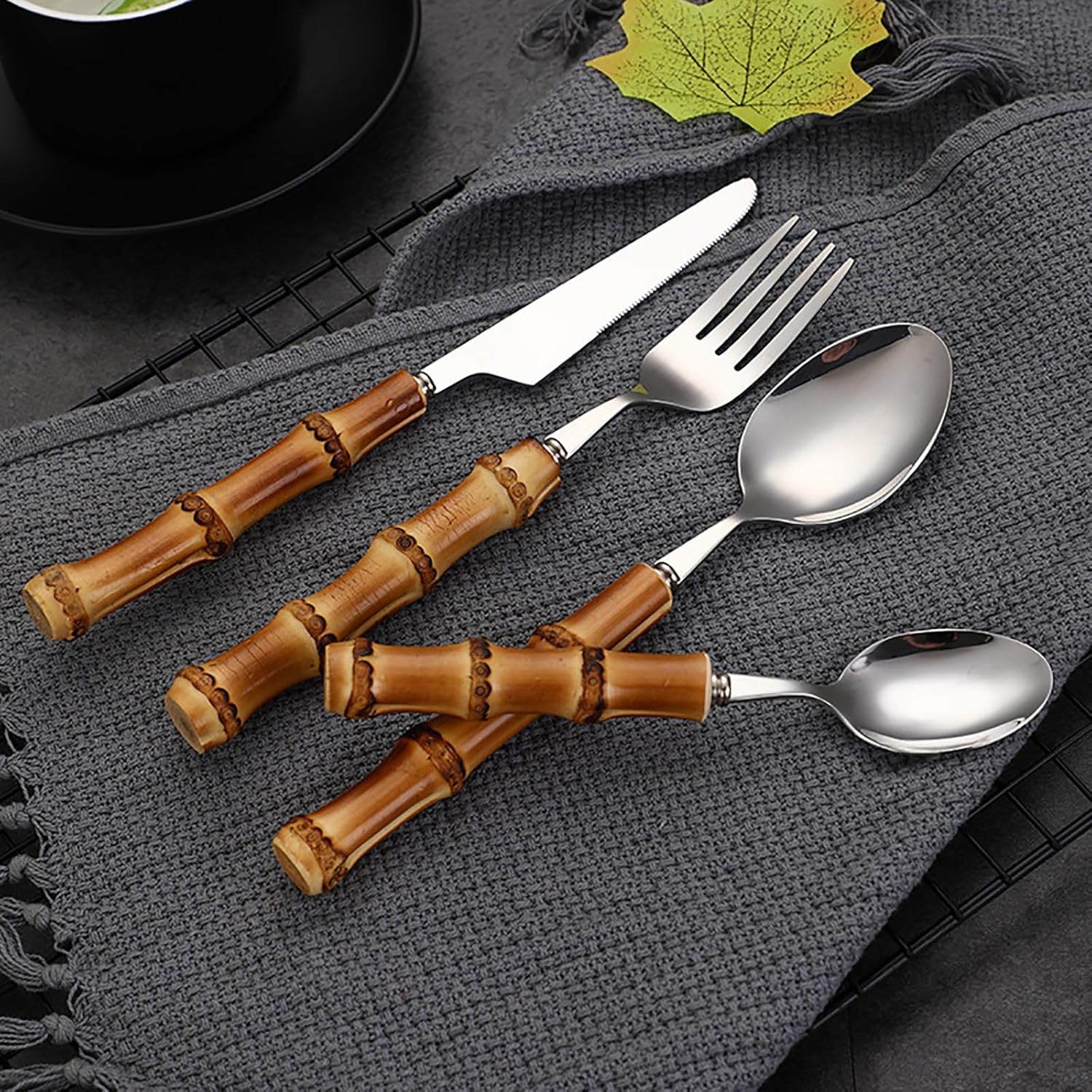 60-piece bamboo cutlery silverware set for 12, bamboo handle flatware set reusable, stainless steel utensils travel set,flatware set for dinning, dishwasher safe