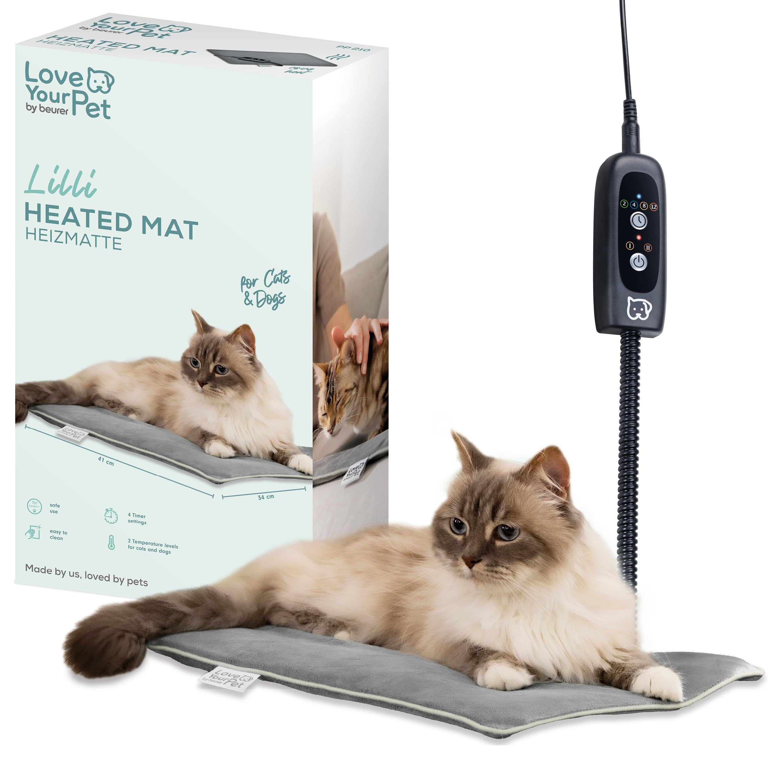 Beurer Love Your Pet Tappetino riscaldante "Lilli" per Cani e Gatti, taglia S, con Timer, termoforo piccolo per animali domestici, lavabile a 30 °C, resistente ai graffi e impermeabile, 41 x 34 cm