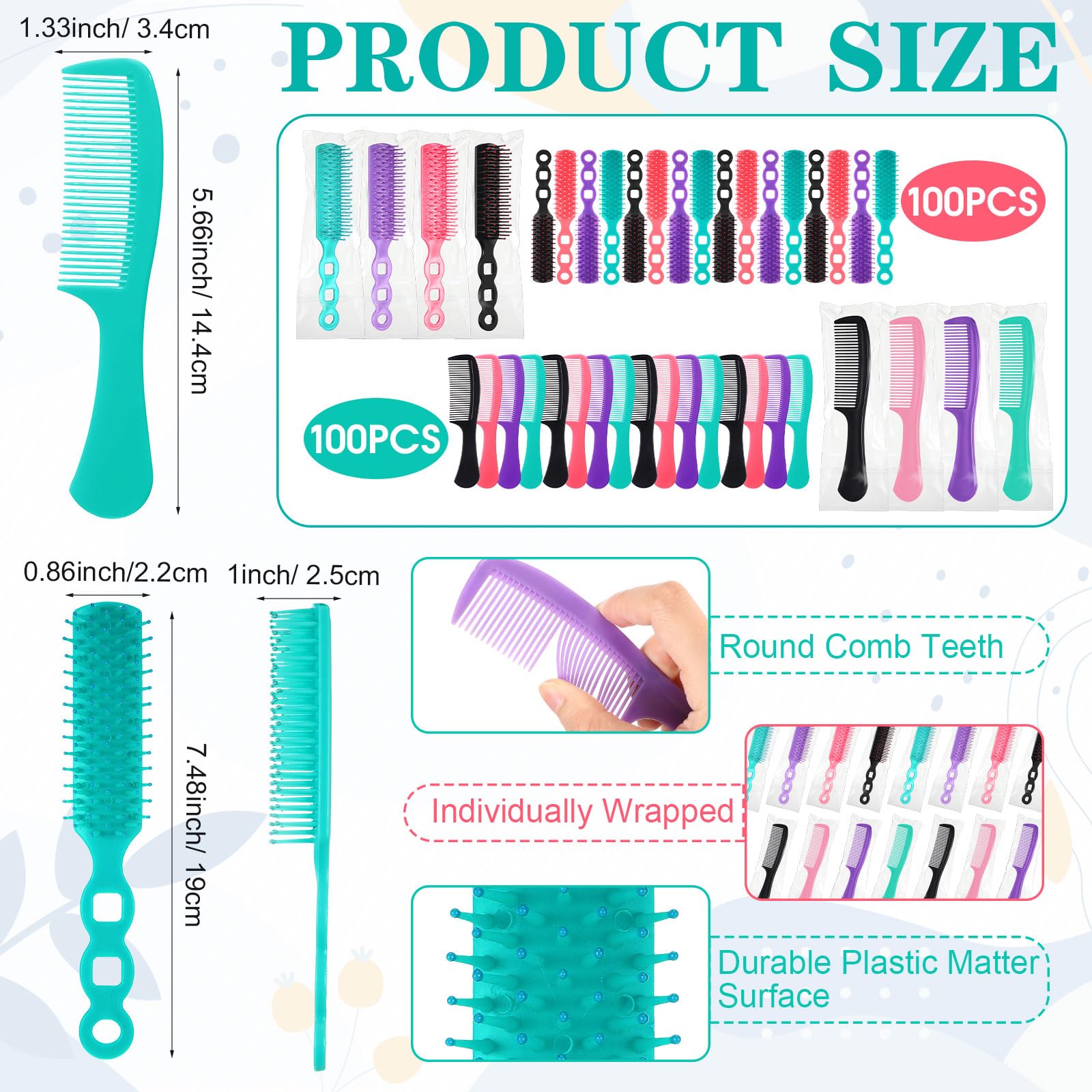 Baderke Juego de 200 cepillos de pelo a granel para personas sin hogar envueltos individualmente, peines anchos para cabello rizado, adecuado para mujeres y hombres, refugio, enfermería, hotel,