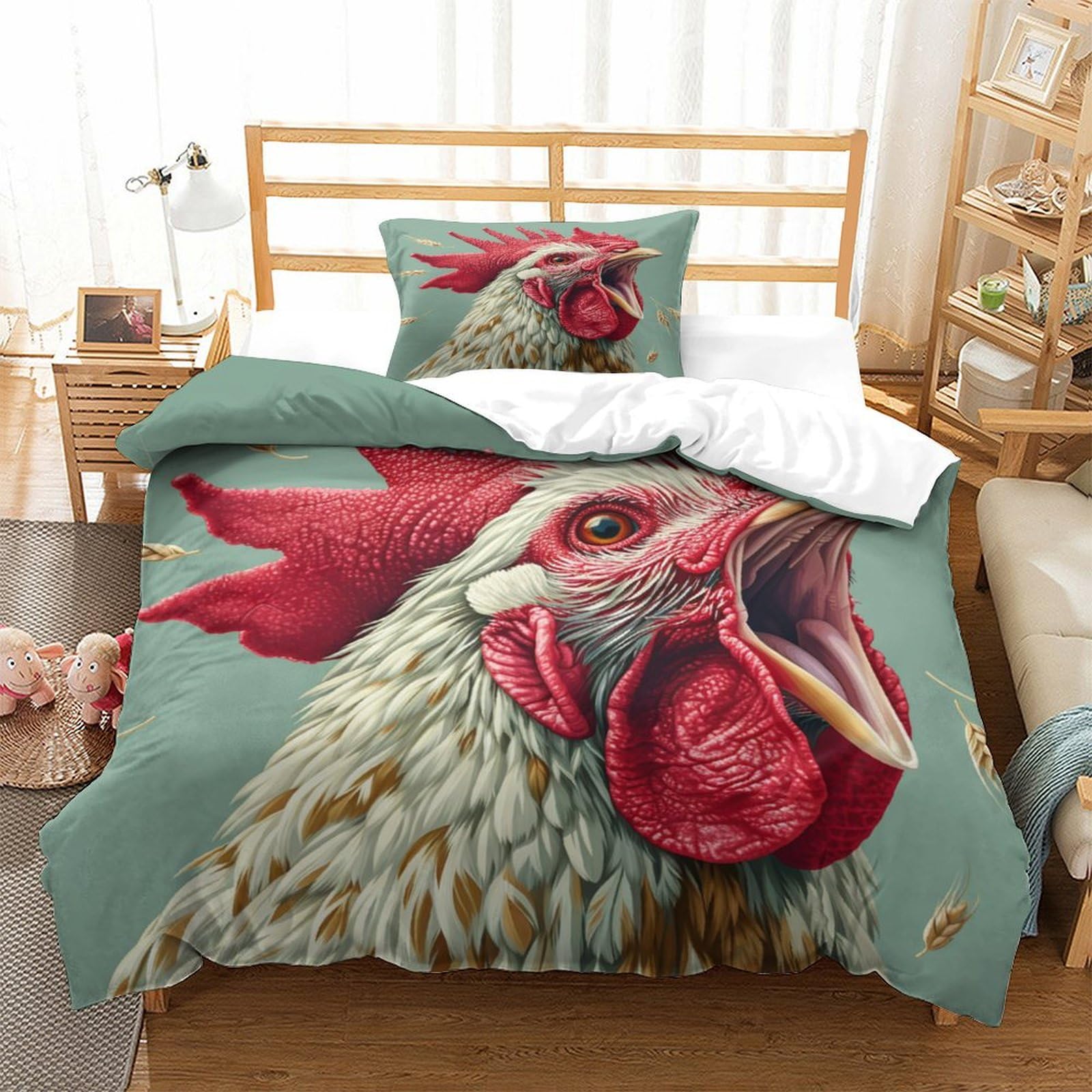 P1s9u7w5y Gallic Rooster-7 Farm Style 3D Printed Rooster Duvet Cover Set 3Pcs Microfiber Chicken Bedding Set Single（135X200cm）