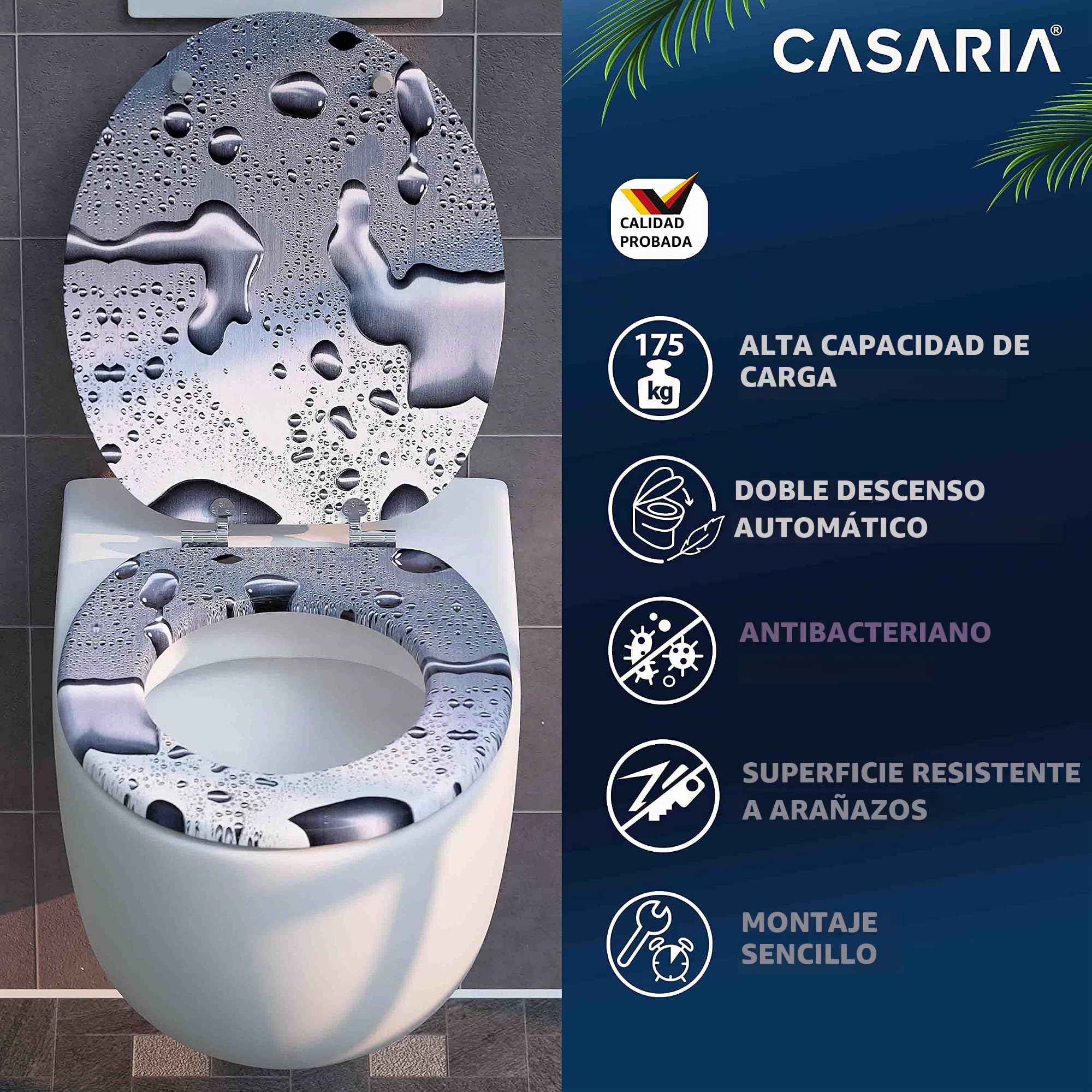 CASARIA® Asiento Inodoro, Tapa WC, Madera MDF, Tapas WC Universal Water, Tapadera Cierre Suave Doble Automático, 175Kg, Antibacteriano, Accesorios Baño, Gotas