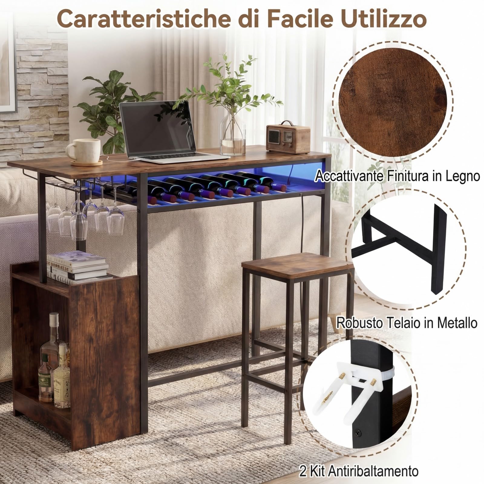COSTWAY Tavolo da Bar con Luce Regolabile, Tavolino Alto con Stazione di Ricarica, Portabottiglie e Portabicchieri, Tavolino da Cucina per Soggiorno e Sala da Pranzo, 110 x 40 x 92 cm