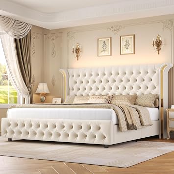 Full Bed with Button Tufted Wingback Headboard & Golden Metal Decor, Beige | Built-In RGB LED Lights, Premium Velvet Upholstery, Button Tufted Footboard, Squeak-Free EVA Foam, Sturdy Wood Slats