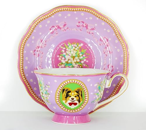 Poppy Angeloff - Juego de taza de té y platillo de caramelo - Colección Pups on Cups - Juego de té de porcelana fina - Porcelana vegana - Diseño de