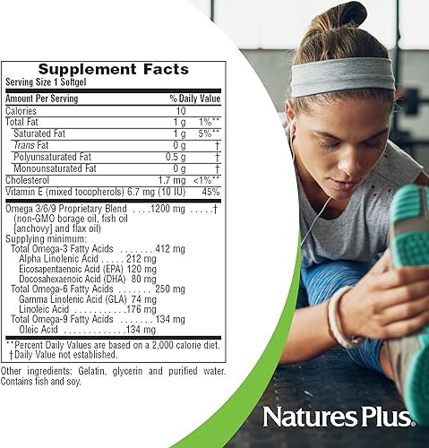 Miniatura 10 de NaturesPlus Ultra Omega 3 6 9 - 1200 mg, 90 cápsulas blandas - Aceite de borraja, aceite de pescado, suplemento de aceite de lino, promueve la salud