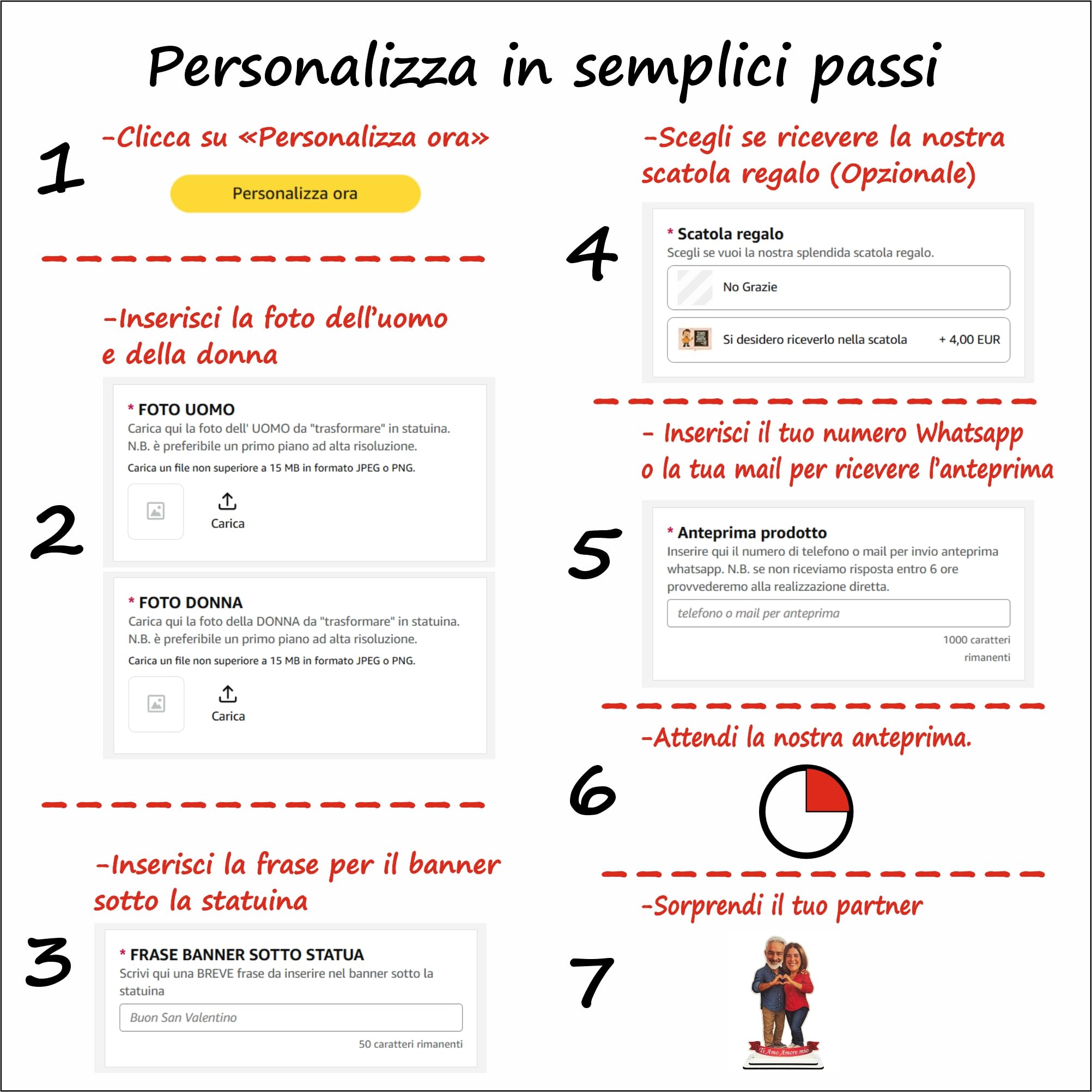 Vestipassioni Statuina Personalizzata Coppia con Foto – Decorazione in MDF 6 mm Alta 30 cm – Con Frase Personalizzabile – Anteprima via WhatsApp – Made in Italy