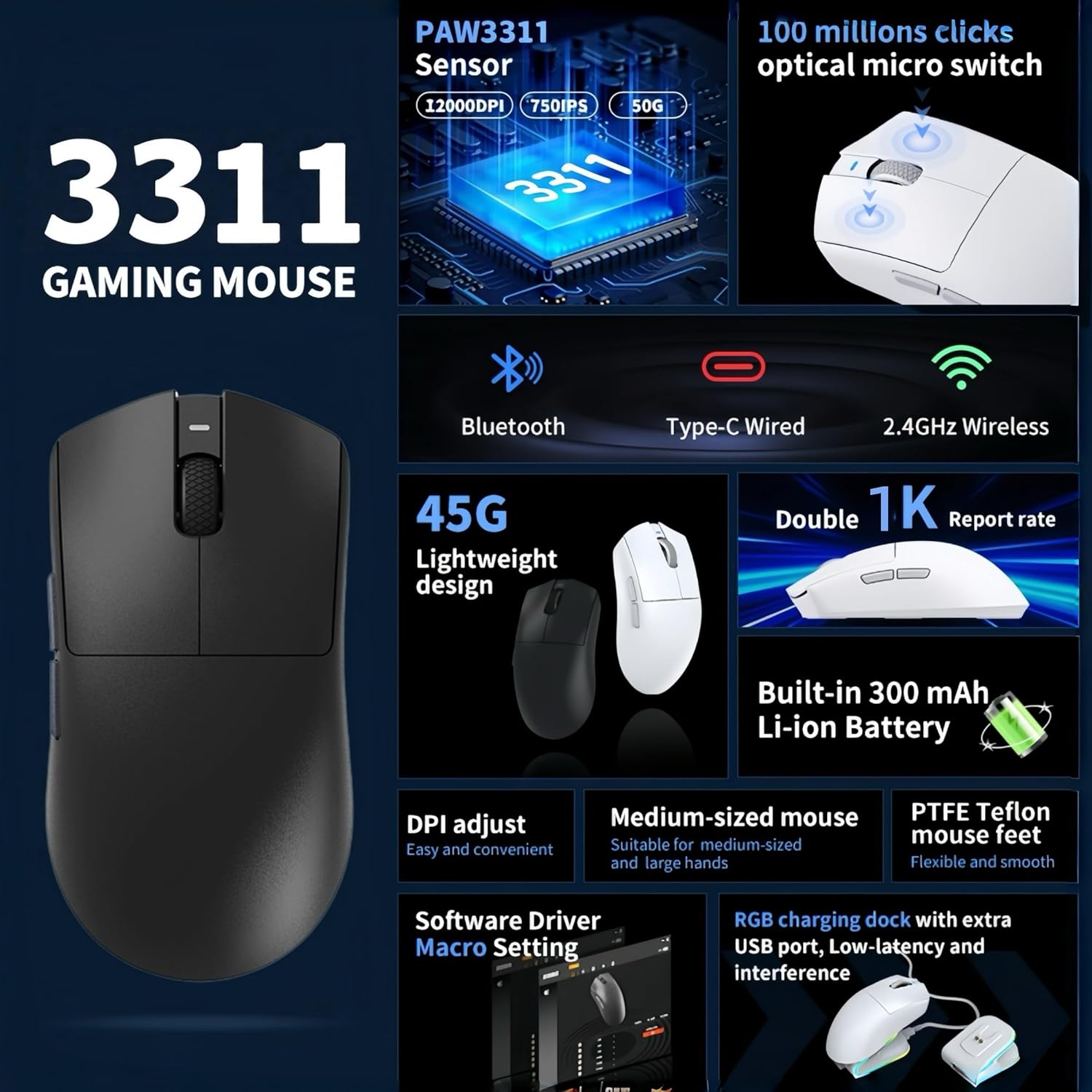 Tri-Mode Wireless Gaming Mouse with RGB Charging Dock, 45g Ultra-Light, PAW3311 Sensor, 12000 DPI, 2.4G Dongle + Bluetooth + USB-C Wired, 1K Polling Rate, Programmable Gaming Mouse for PC Mac Laptop