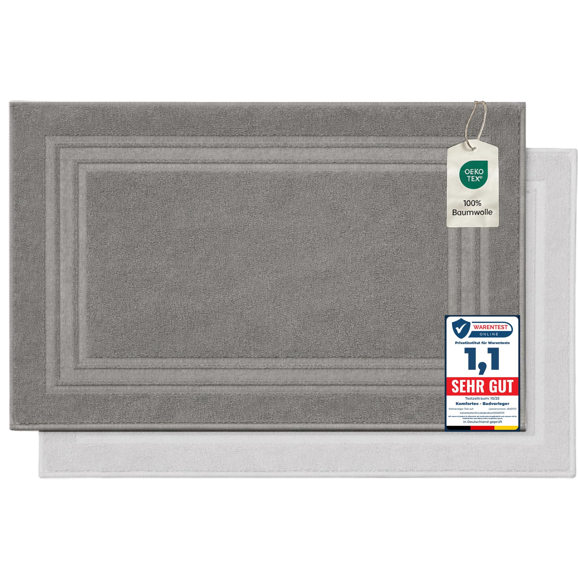 Komfortec Bath Mat Set, 2 Pieces, Terry Cloth Shower Mat, Washable Shower Mat & Bath Mat, 600 g/m² & 100% Cotton, Absorbent & Quick Drying, 50 x 70 cm, Silver Grey/White