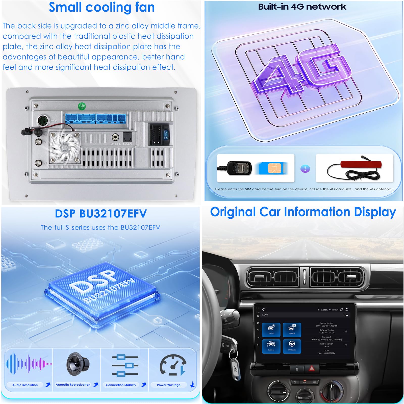 Autoradio Android 14 per Ci-troen C3 C4 2017-2023 CarPlay Wireless Android Auto Radio touchscreen da 9" Bluetooth navigazione GPS Mirror Link WiFi FM telecamera di retromarcia microfono(Color:S4)