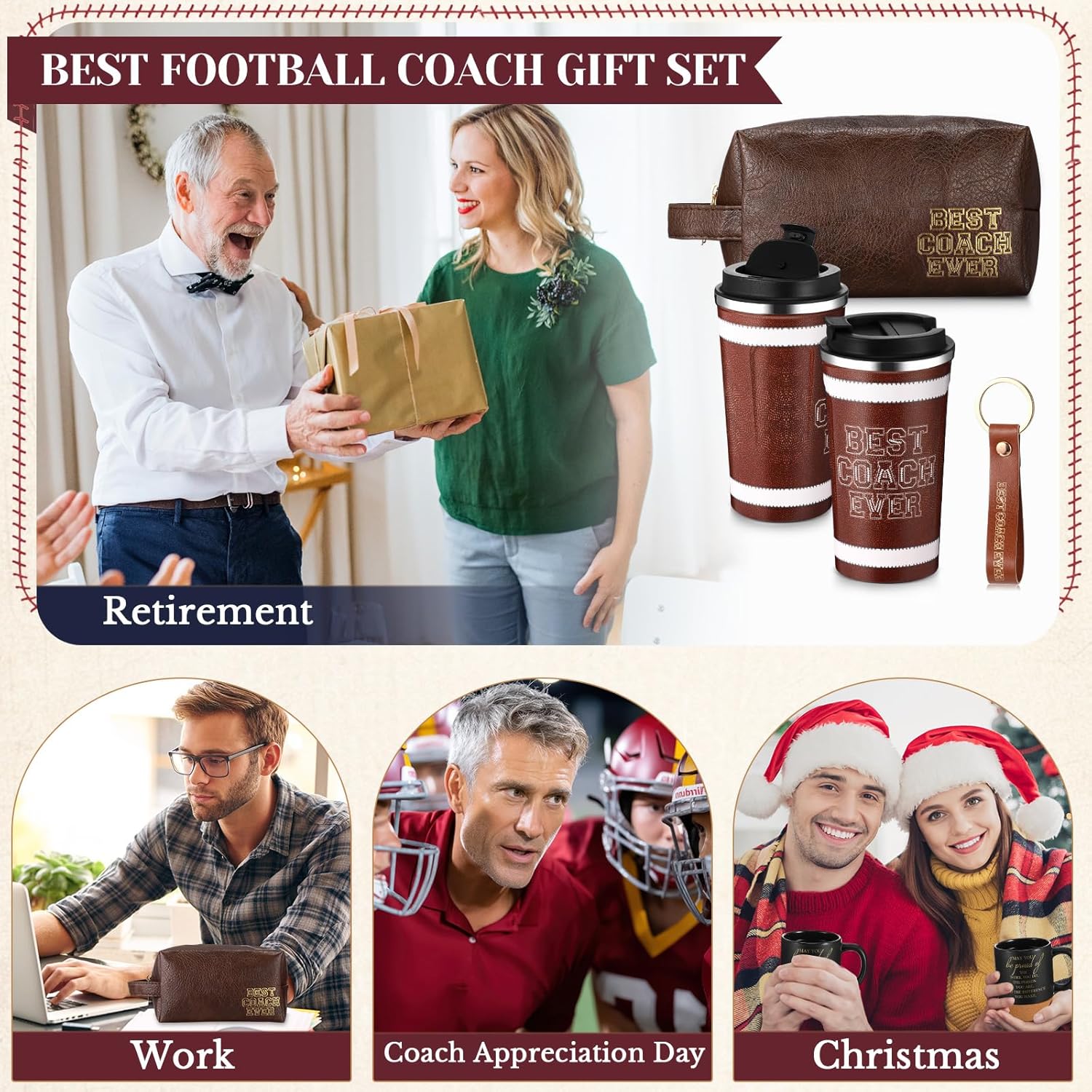 Roshtia 3 Pcs Football Coach Thank You Gift Best Coach Ever 17oz Stainless Steel Coffee Mug Leather Toiletry Bag Inspirational Keychain Football Sports Appreciation Gift - Image 7