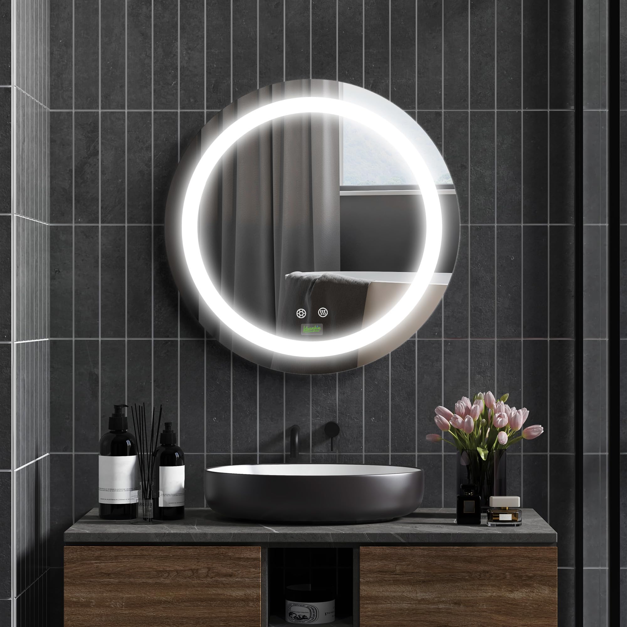kleankin Espejo de Baño con Luz LED Redondo Ø50x4,6 cm Plata | De Pared, Interruptor Táctil, 3 Luces Ajustables, Función de Memoria, Antivaho, Marco de Aluminio, Pequeño
