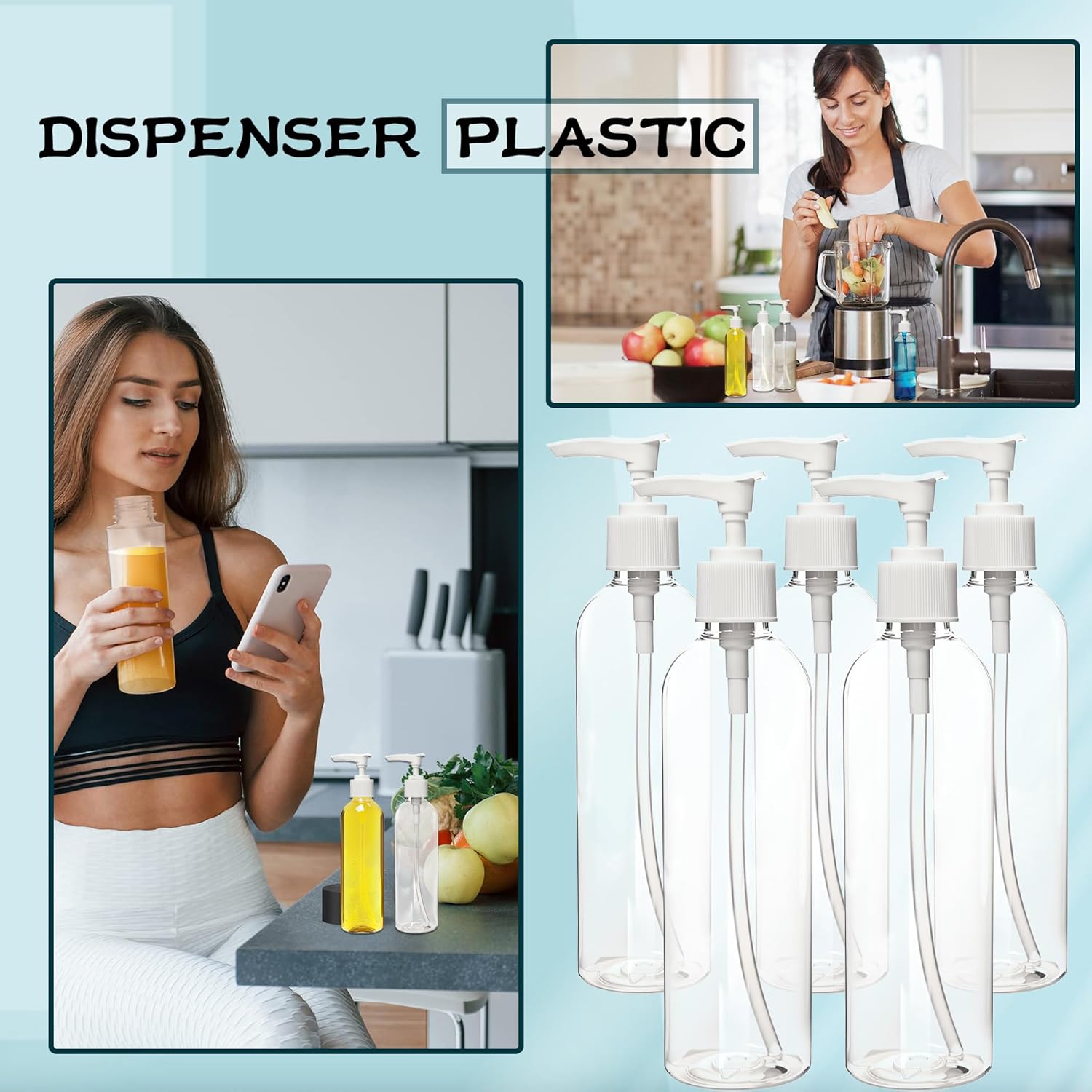 52 Pcs Empty Plastic Pump Bottle 8 oz/ 250 ml Clear Lotion Pump Dispenser Refillable Shampoo Containers Bulk with Travel Lock for Body Wash Liquid Soap Massage Oil Face Cream Conditioner