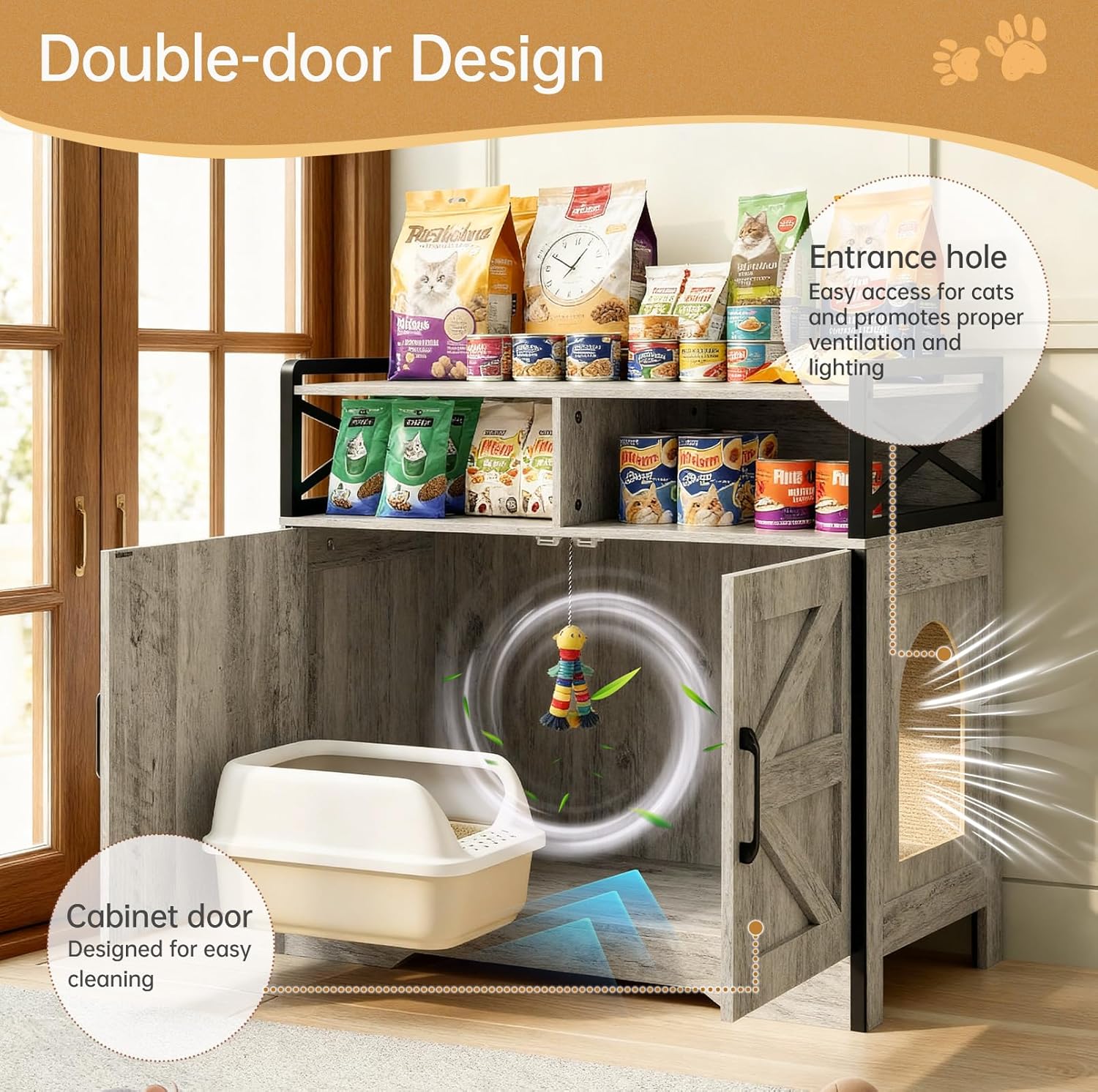 Cat Litter Box Enclosure Furniture - Hidden Litter Box Cabinet with Scratch Pad & Odor Control | Farmhouse Style End Table for Cats | Discreet Cat Washroom for Living Room & Bedroom Grey