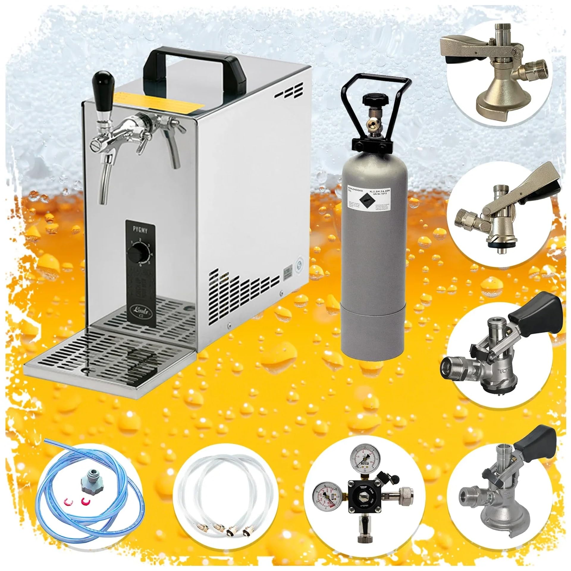 Set di tutti attacco fusto birra impianto spillatura con Pygmy 25, raffreddatore a secco 35 l/h, riduttore CO2, bombola 2 kg, tubi e testa spillatura