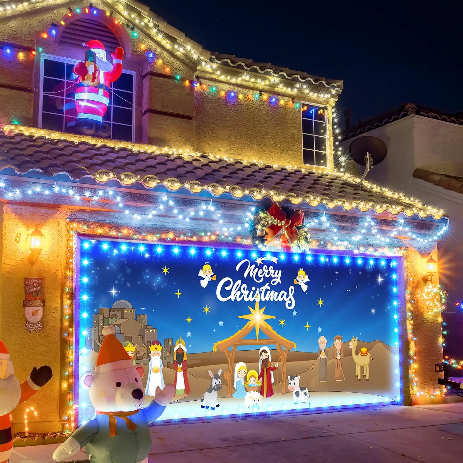 Ganeen 6.4x16 ft LED 2025 Christmas Garage Door Banner String Light Large Rustic Xmas Garage Door Decorations Xmas Banner Cover Backdrop Holiday Cover Decoration(Nativity Cartoon)