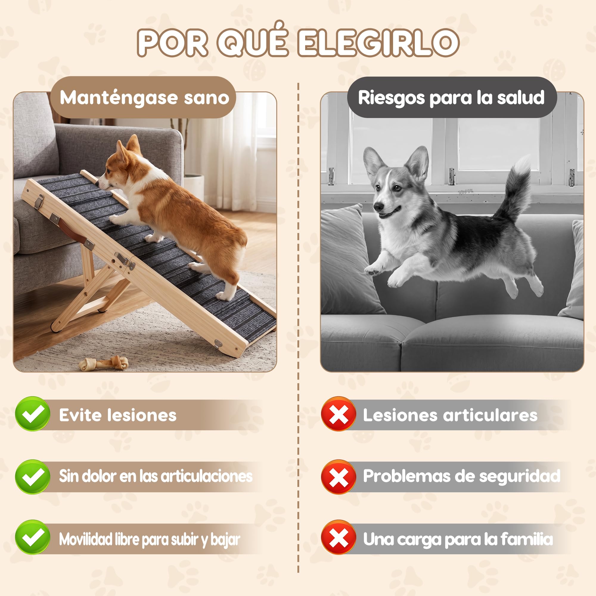 Rampa para Perros Plegable, 5 Alturas Ajustables, Madera Maciza