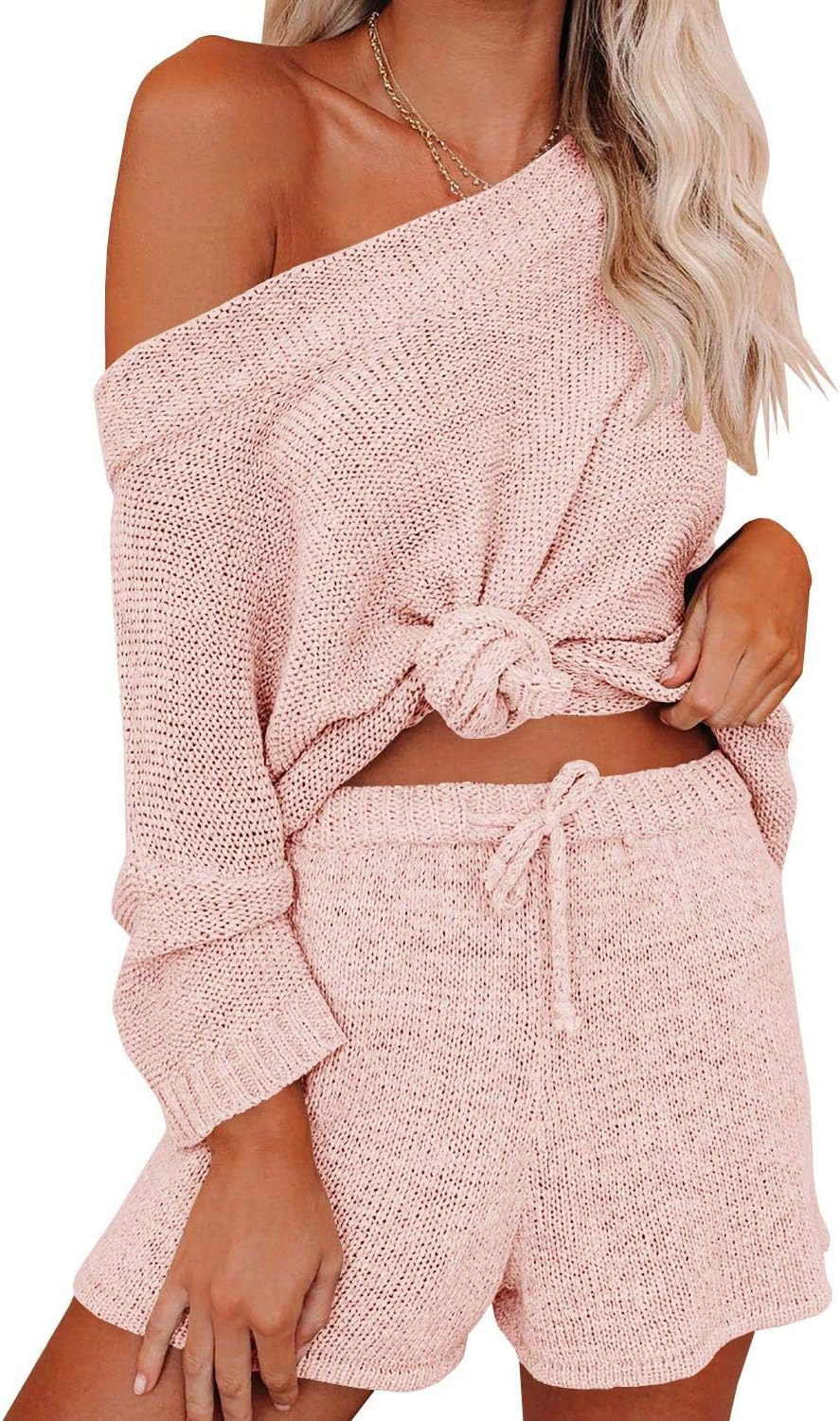 Ermonn Womens 2 Piece Outfits Sweater Sets Off Shoulder Knit Tops Waist Short Suits Casual Pajama Set - Image 2