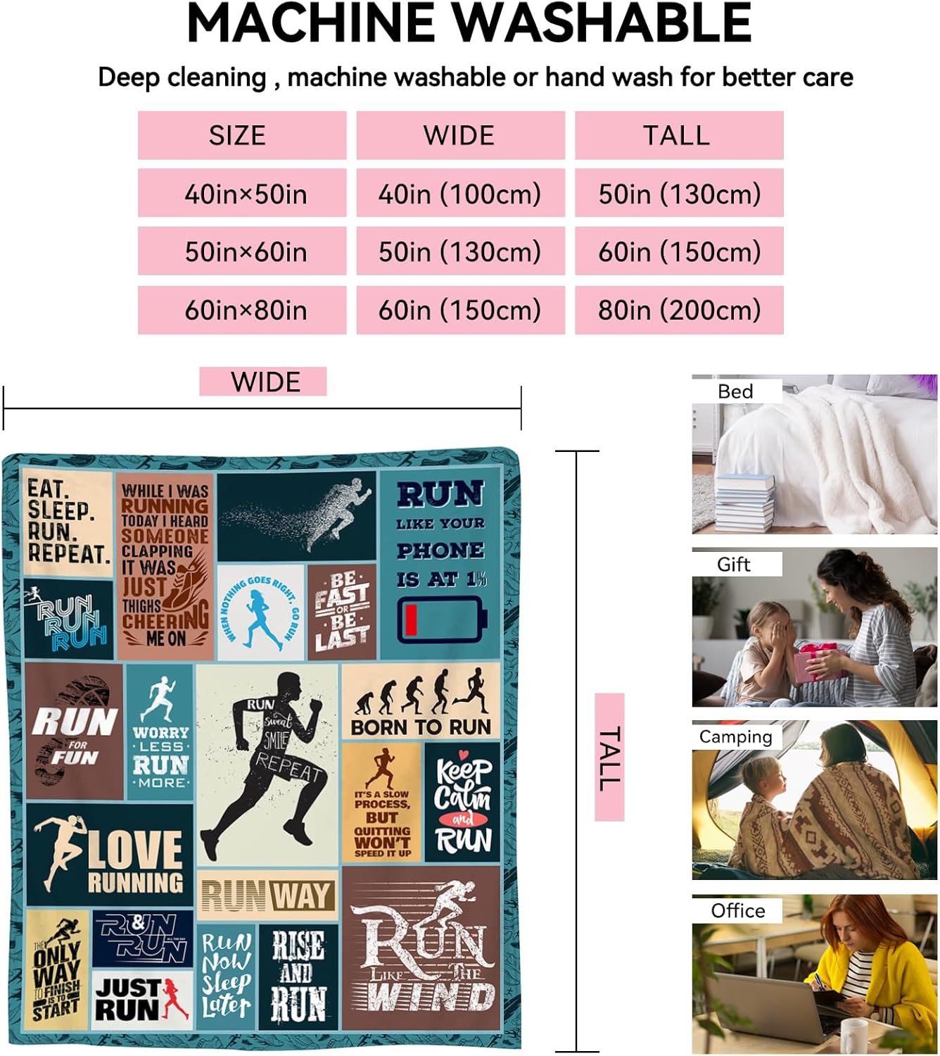 Running Gifts Blanket for Women, Men, Teens - Unique Runner Throw Blanket, Sports Theme for Adults, Children, Kids - 60"x50"