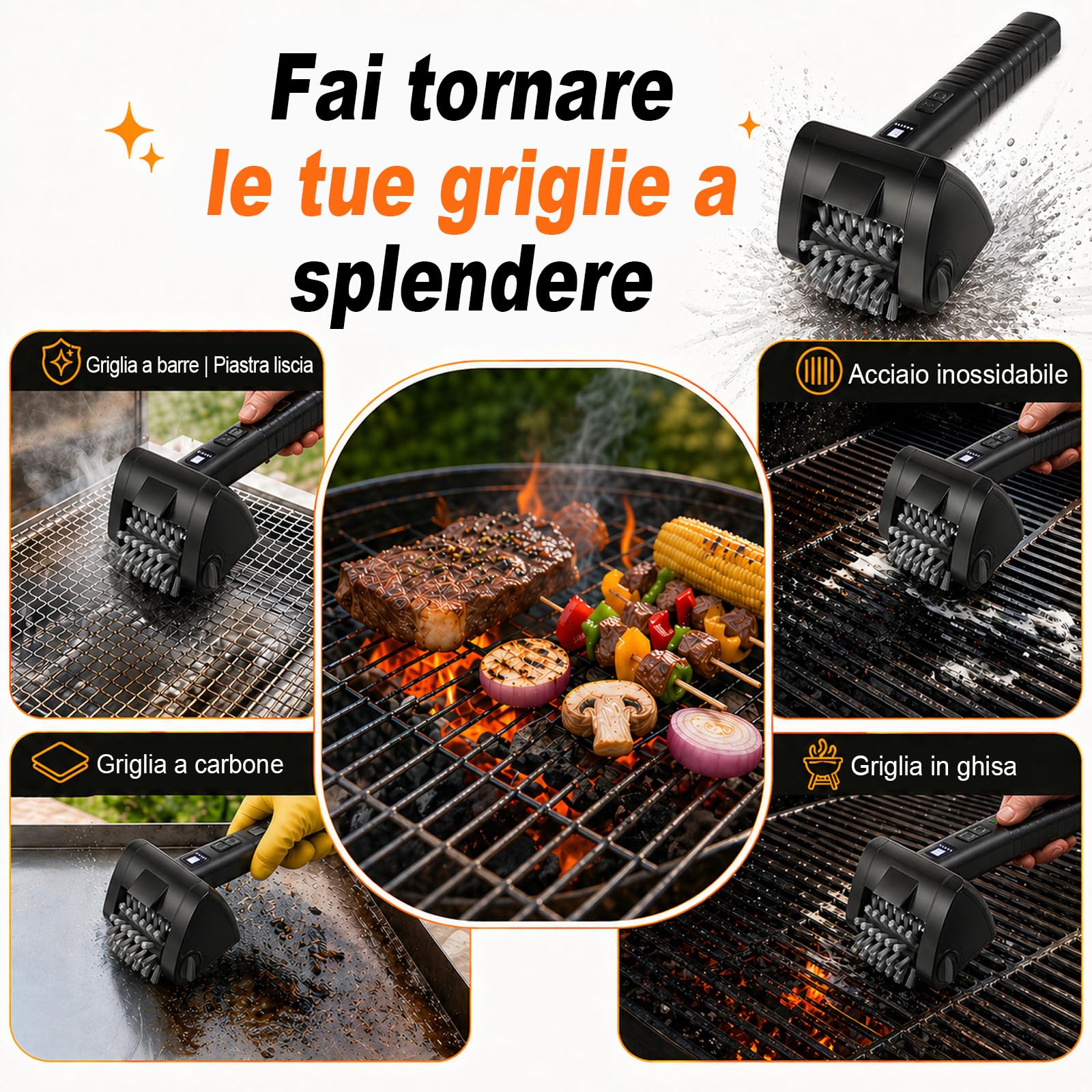 Spazzola Elettrica Barbecue Senza Fili, Pulizia BBQ con Acciaio Inox 304 | Pulitore Barbecue Ricaricabile 4000mAh, 380/490RPM, 90min, IPX7, Luce LED, Spazzola Pulizia Griglia BBQ 2 Velocità