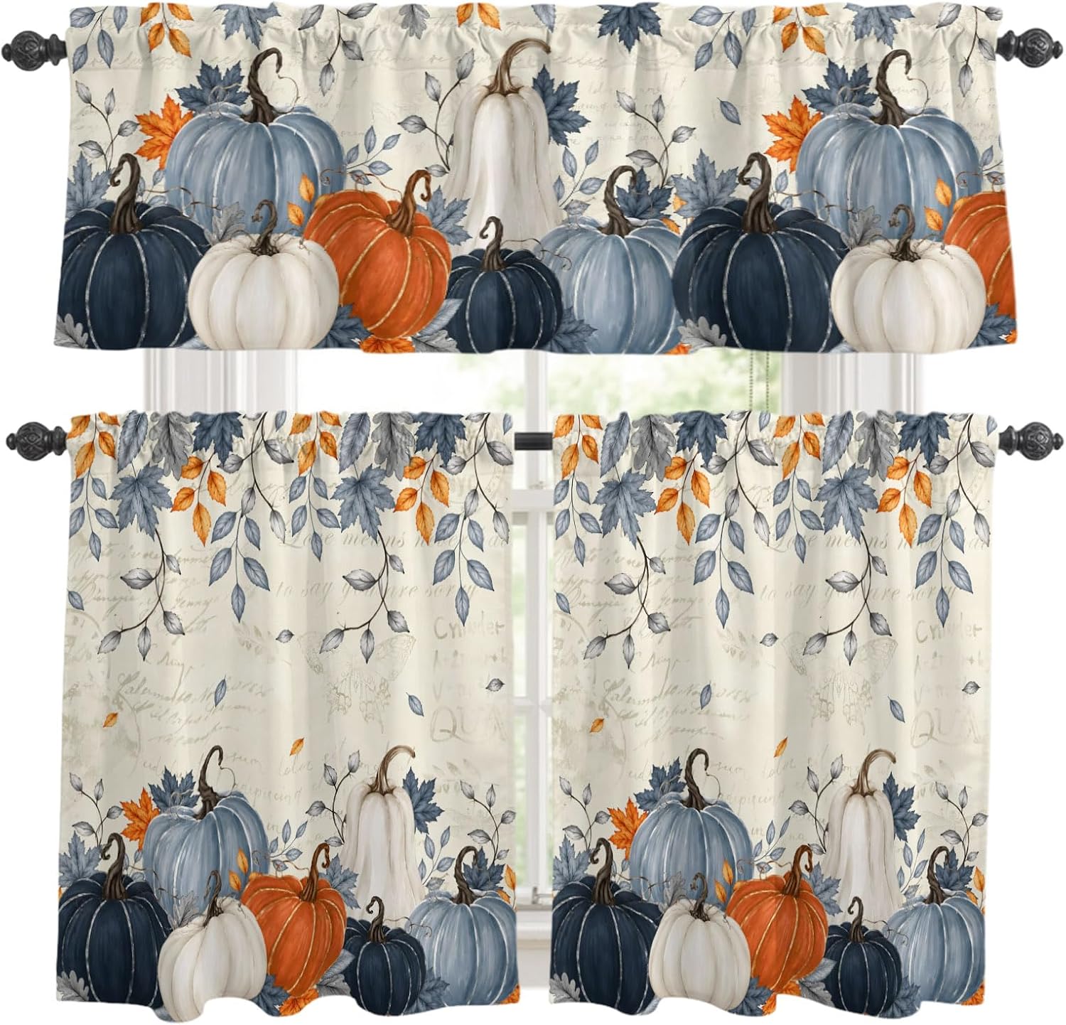 Thanksgiving Kitchen Curtains and Valances Set, Fall Blue Orange White Pumpkin Rod Pocket Farmhouse Tier Window Curtains 24 Inch Length, 3 Piece Maple Eucalyptus Leaves Branches Kitchen Curtain Set