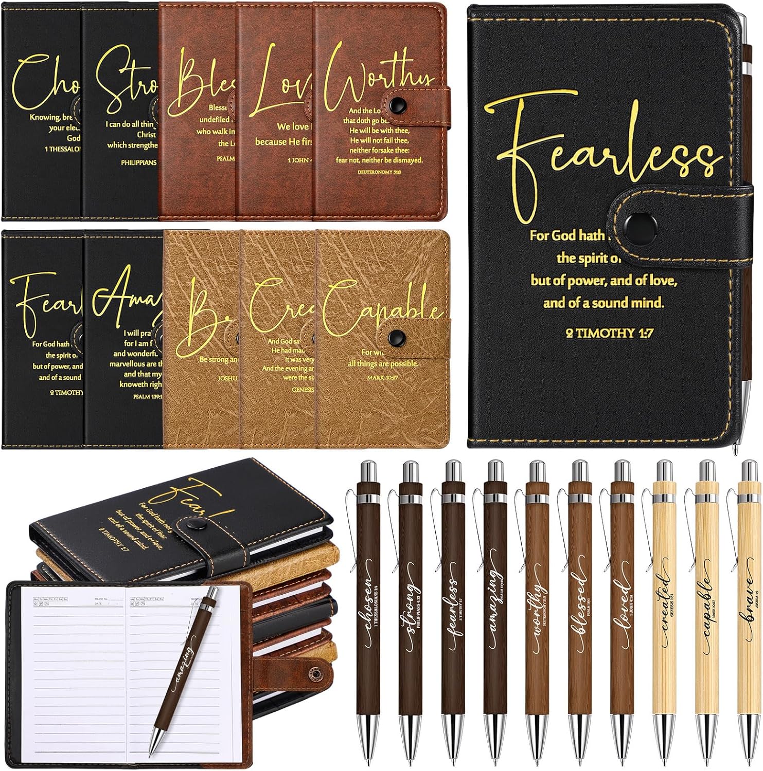 Spakon 40 Pcs Christian Gift Bulk Prayer Leather Journal Religious Inspirational Scripture Notebooks with Bible Verse Pens for Women Men Easter Church Sunday School (Dark Brown,Light Brown,Black)