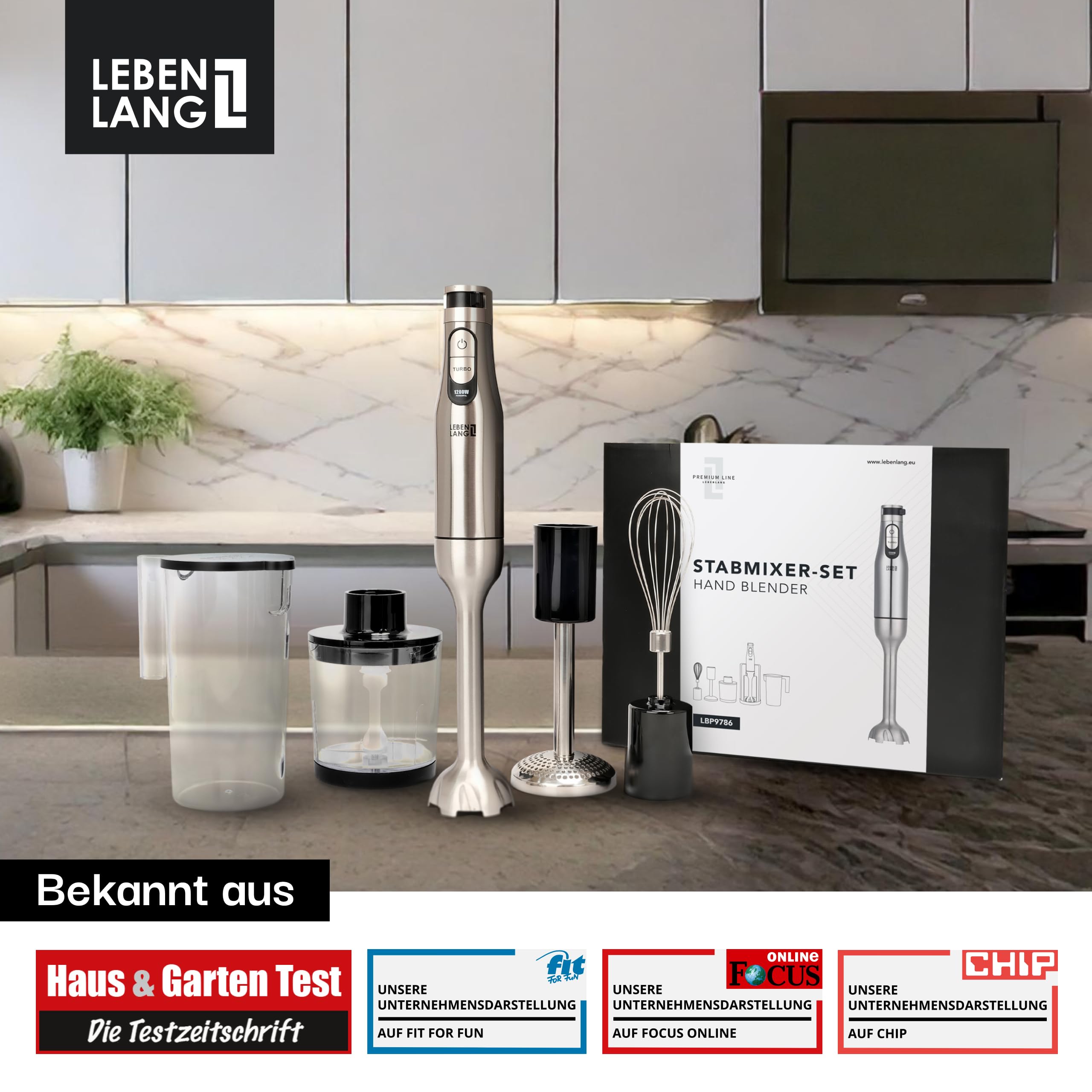LEBENLANG Premium 1200W Stabmixer Set - Inkl. 5x Zubehör & Spritzschutz I Stufenlos verstellbar & Turbo I Elektrische Hand Blender Pürierstab Edelstahl Zauberstab Mixer Mixstab Purierstabmixer Stab