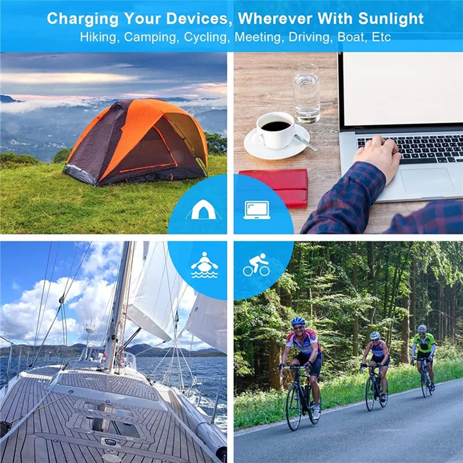 Caricabatterie Solare Esterno, Caricabatterie Solare 20W, Borsa Pieghevole Solare 4 ad Alto Tasso di Conversione con Uscita USB Caricatore da Viaggio Pieghevole Impermeabile da Campeggio,Nero,1pz