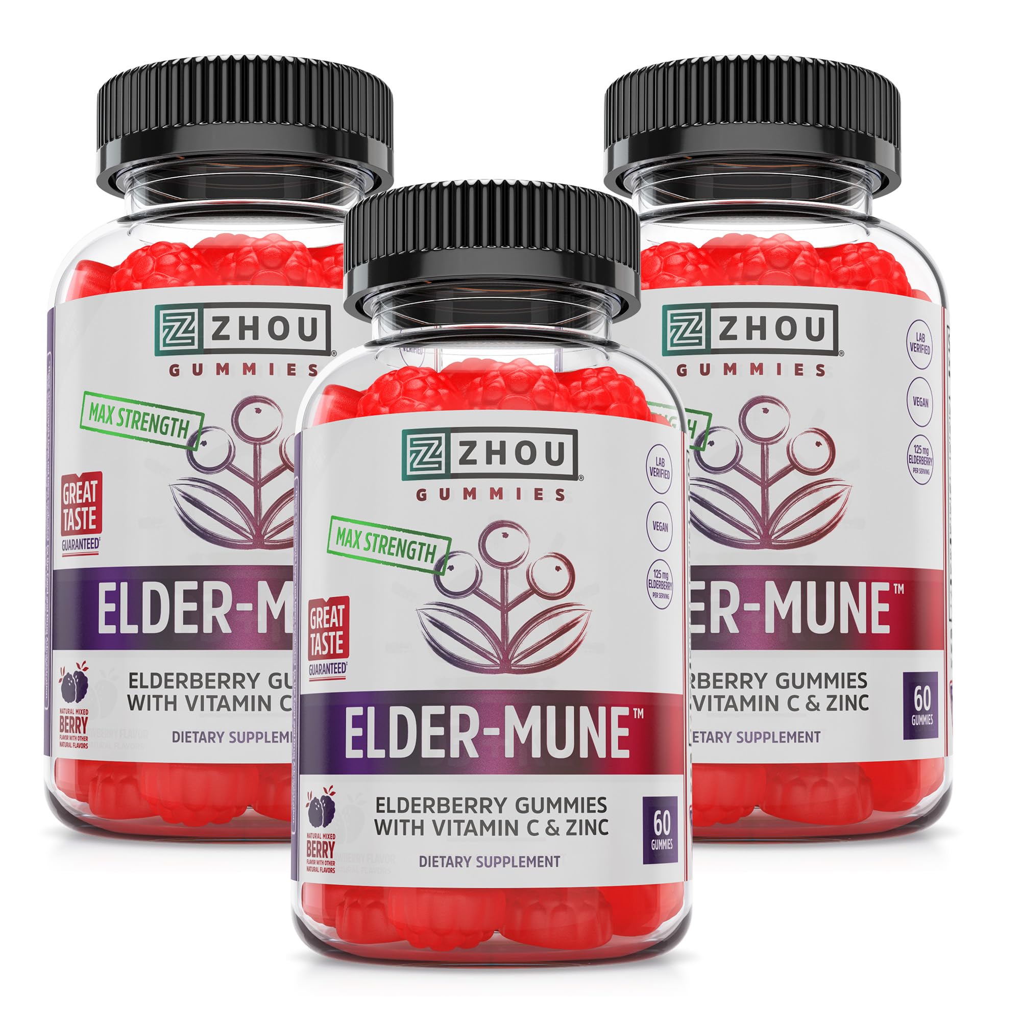 Zhou Elder-Mune Elderberry Gummies - & Zinc - 60 Gummies (3 Pack) 60 Count (Pack of 3)