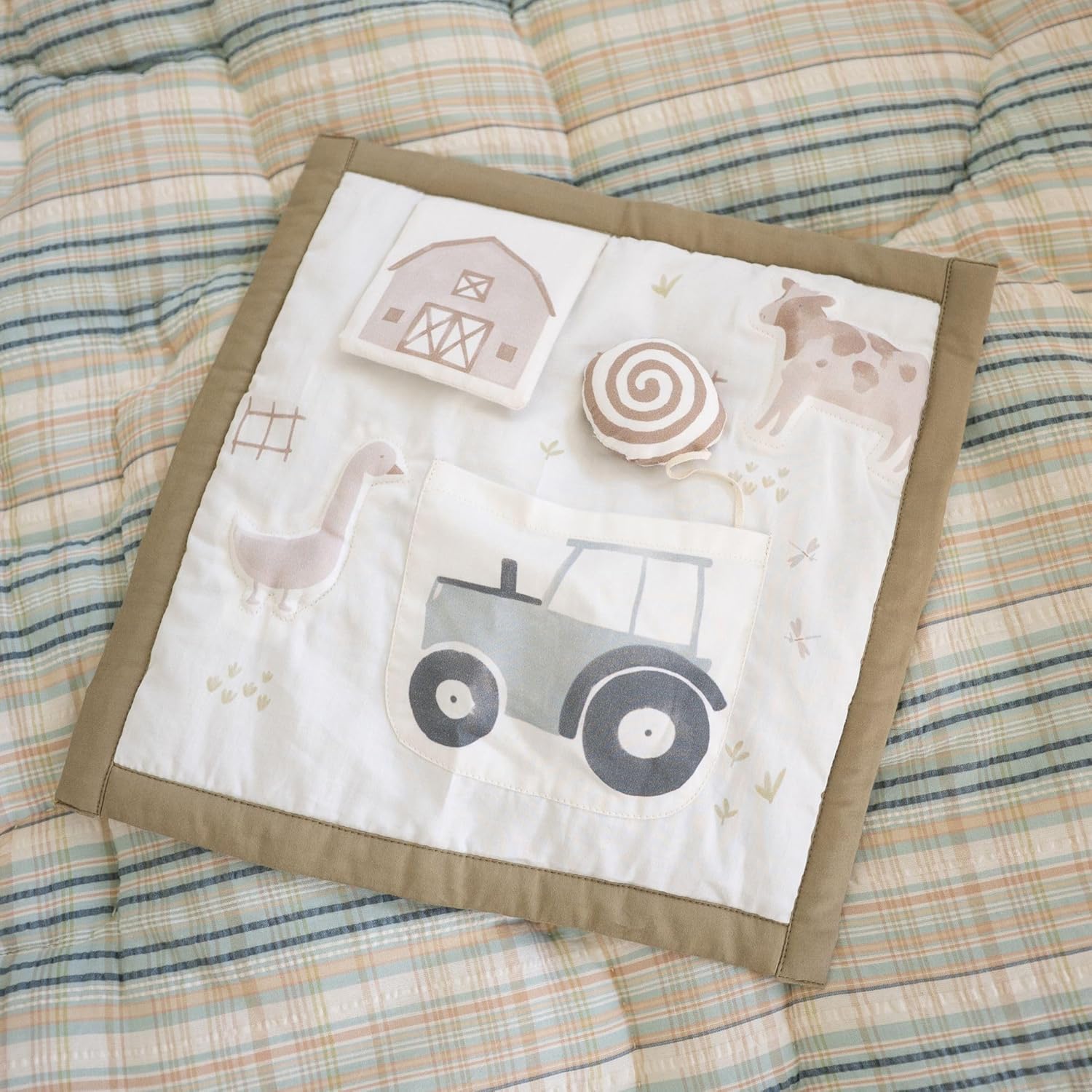 Crane Baby Charlie Farmhouse Activity Travel Mat for Baby, Portable Baby Play Mat, 12" x 12", Barnyard Nursery Decor, Tractors & Barn Animals, Foldable Floor Playmat for Tummy Time, Crawling & Travel