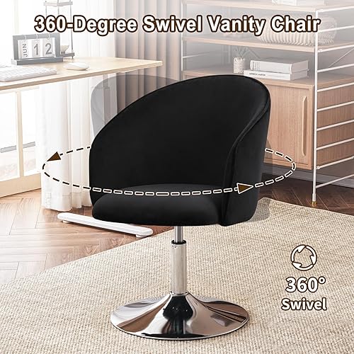 Miniatura 3 de Furnimart Silla de tocador de altura ajustable de terciopelo negro, silla giratoria de maquillaje para sala de estar, dormitorio, vestidor