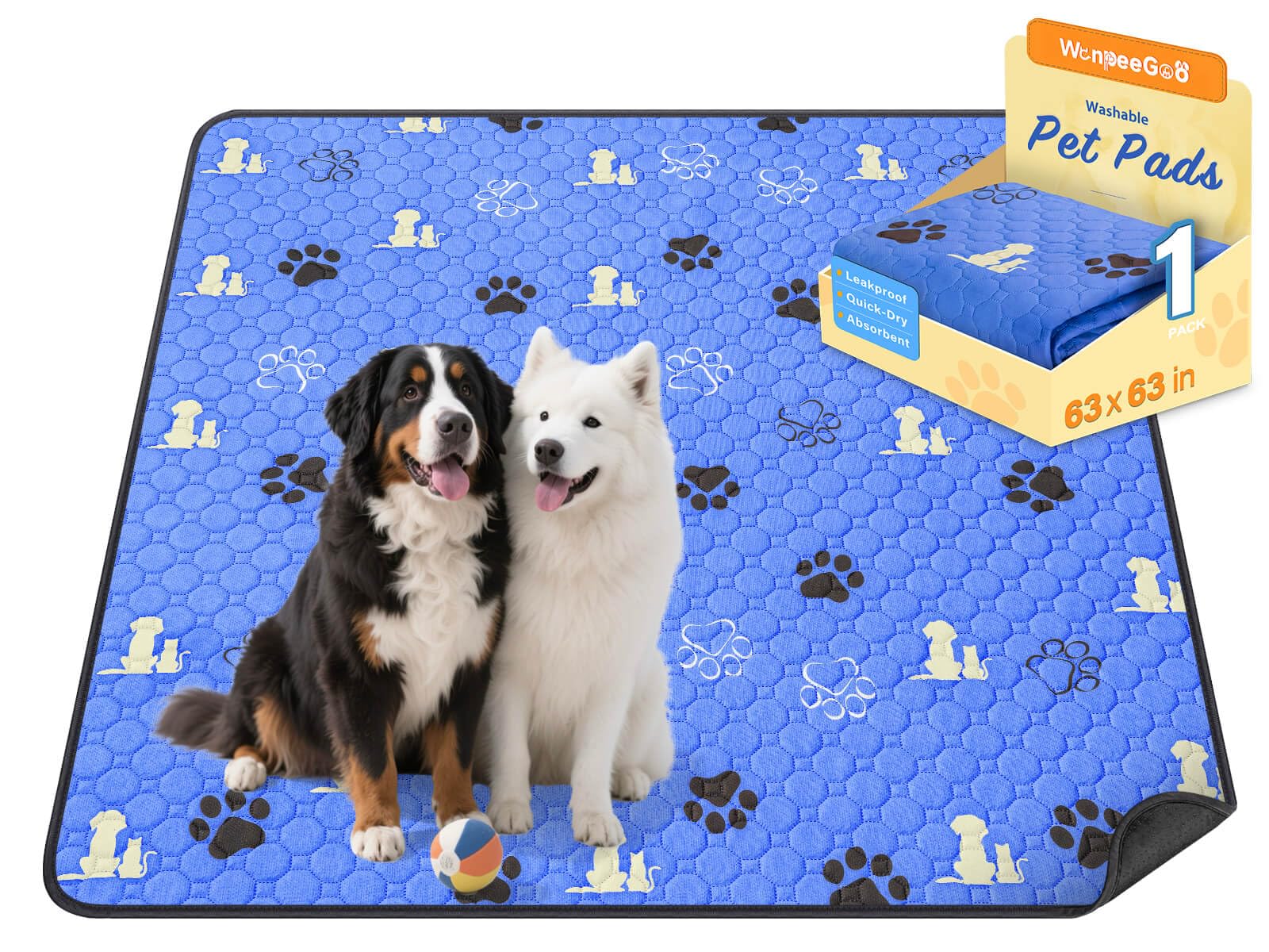 WanpeeGoo Washable Pee Pads, Puppy Pee Pad for Dogs, 1 Pack Absorbent Reusable Training Dog Pads Pet Puppy Pads, Non-Slip Potty Pads for Whelping, Playpen, Crate, Bed, Blue 63"x63"
