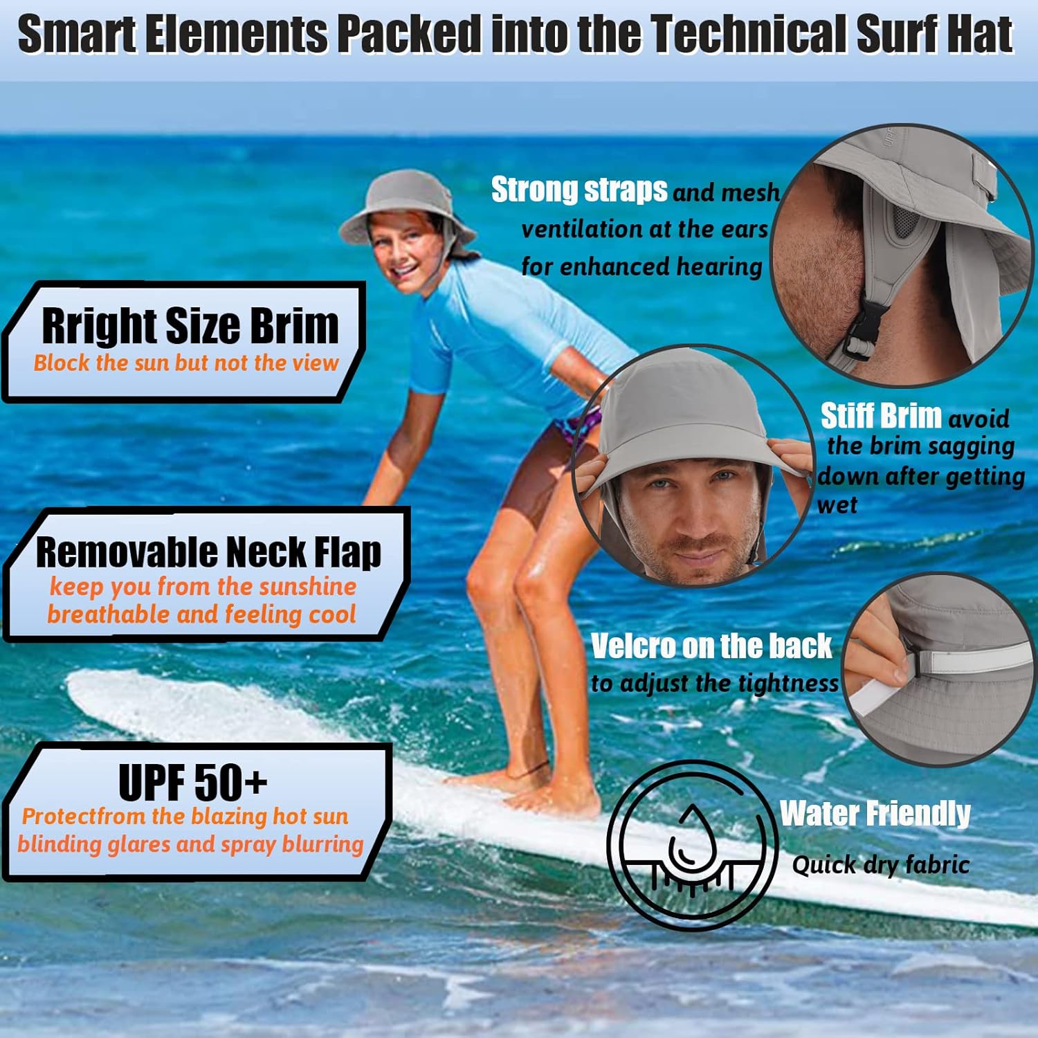USHAKE Surf Hat Bucket Sun Hats for Surfing, Boating, Water-Sports Men and Women