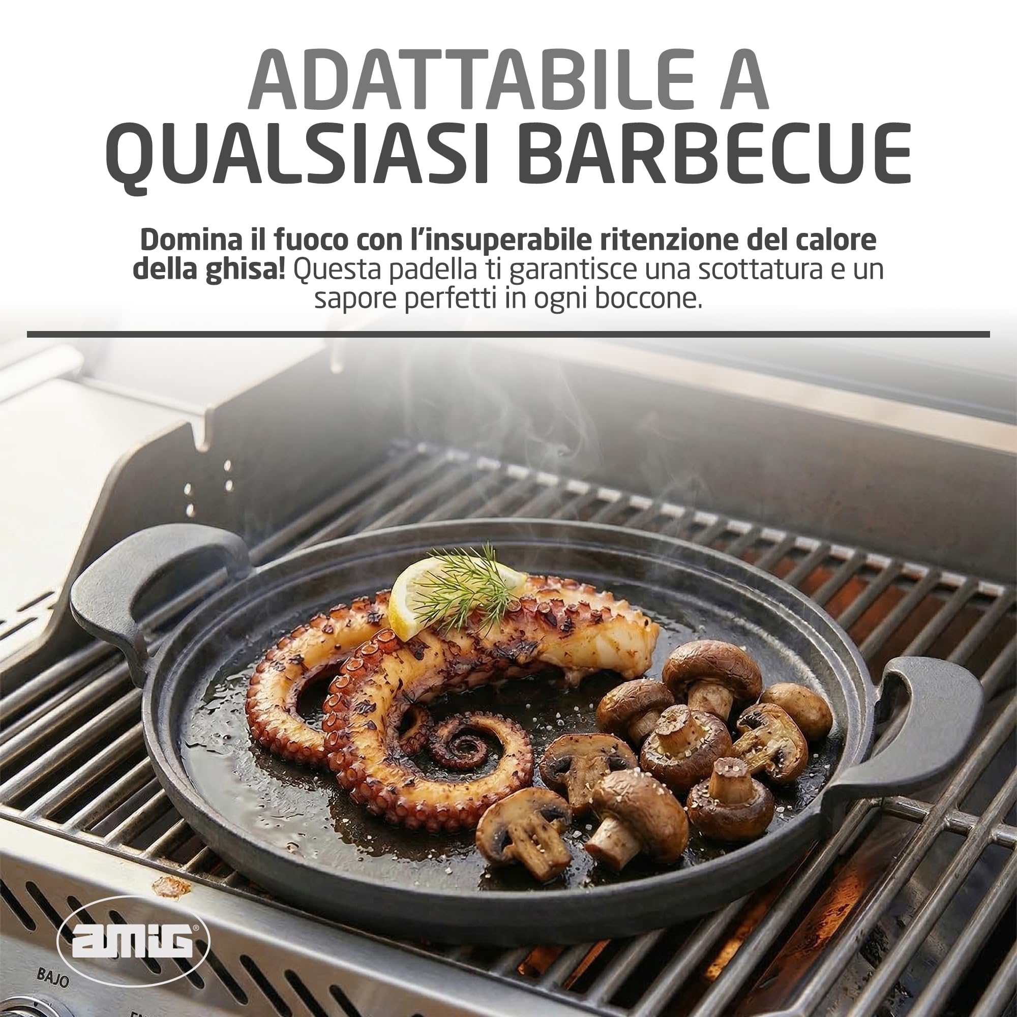 Amig - Padella in Ghisa - Ø31 cm - Distribuzione Uniforme del Calore e Alta Resistenza - Per Barbecue a Carbone o Gas - Mod. AM39